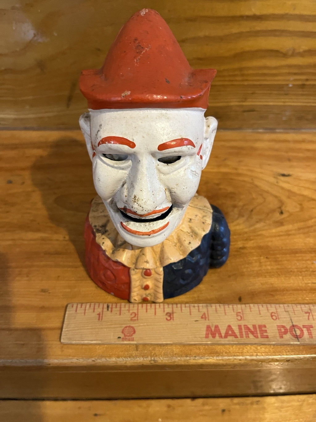 RARE early 1900's cast iron clown bank HAS PLUG Humpty Dumpty