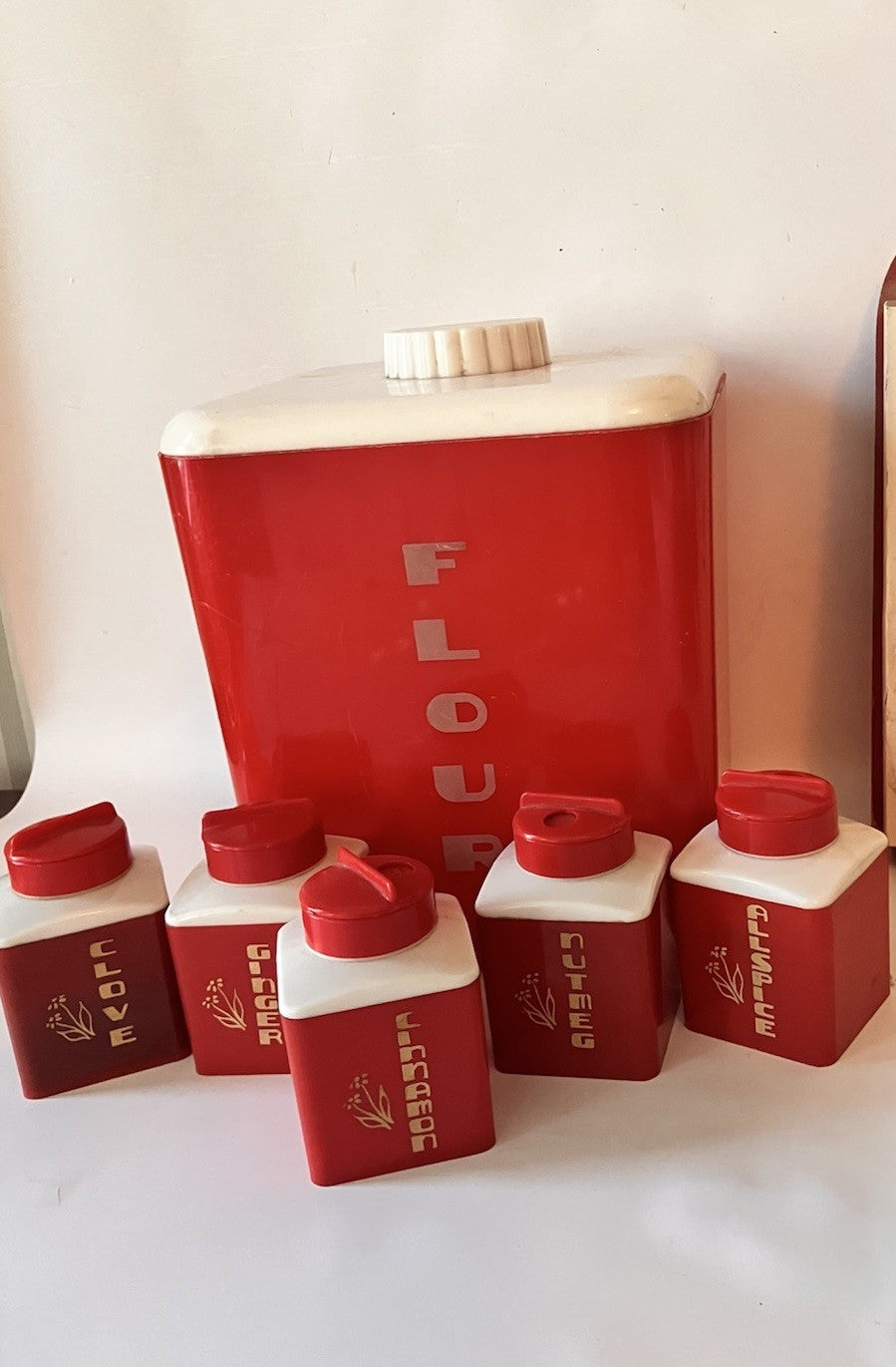 Vintage Red Lusterware Flour And Dupal Plastics Inc. Spices Lot 1950/Art Deco