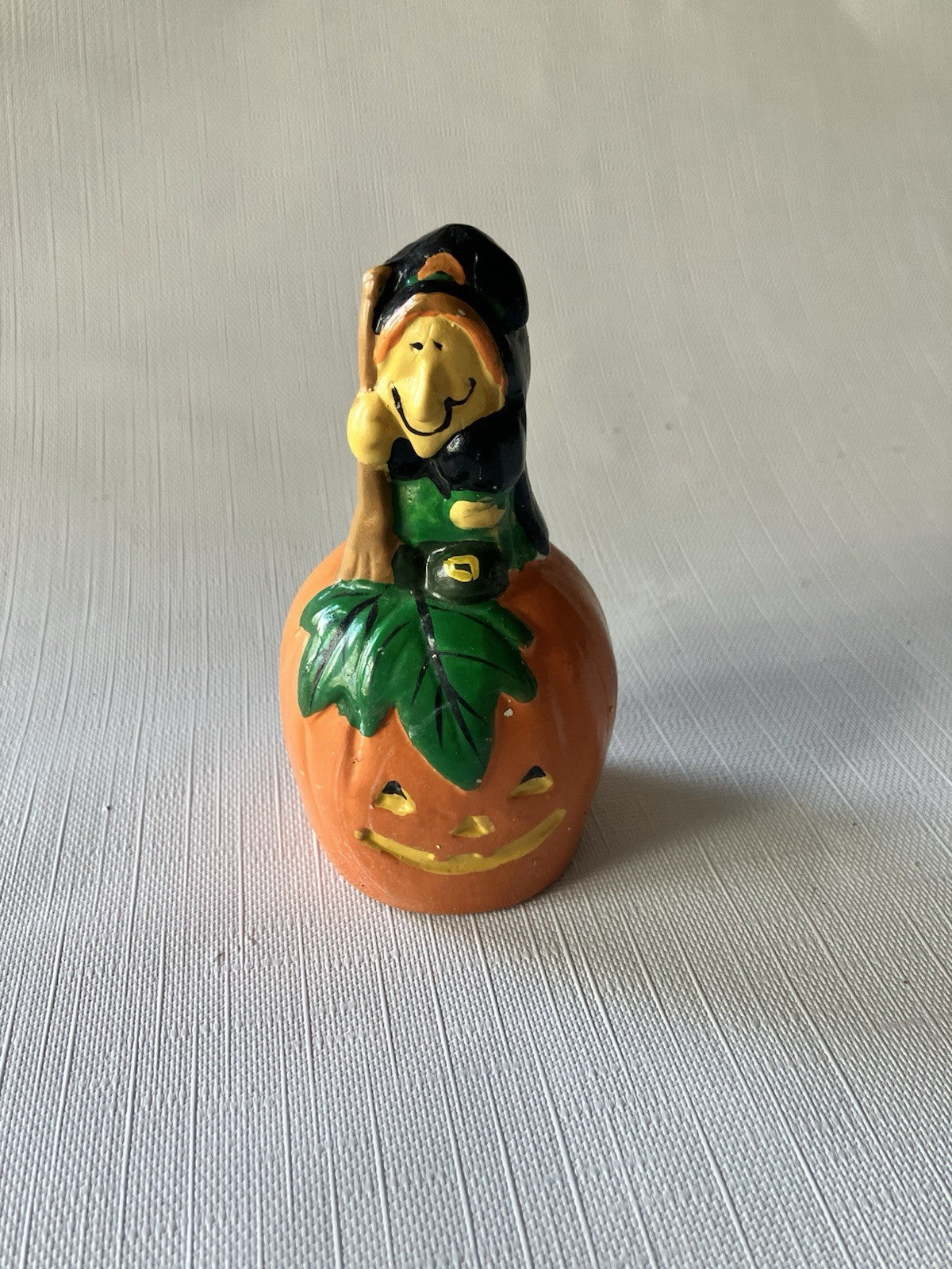 Vintage 4” Ceramic Witch On Pumpkin Bell Halloween Figurine