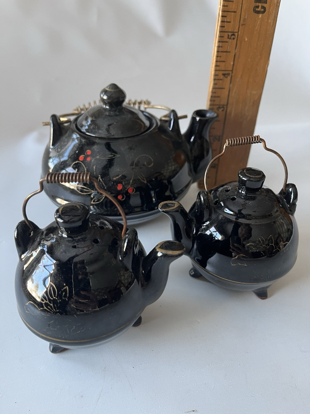 Vintage Japanese Redware Ceramic Rooster Tea Pot, S/P Shakers. Hand painted