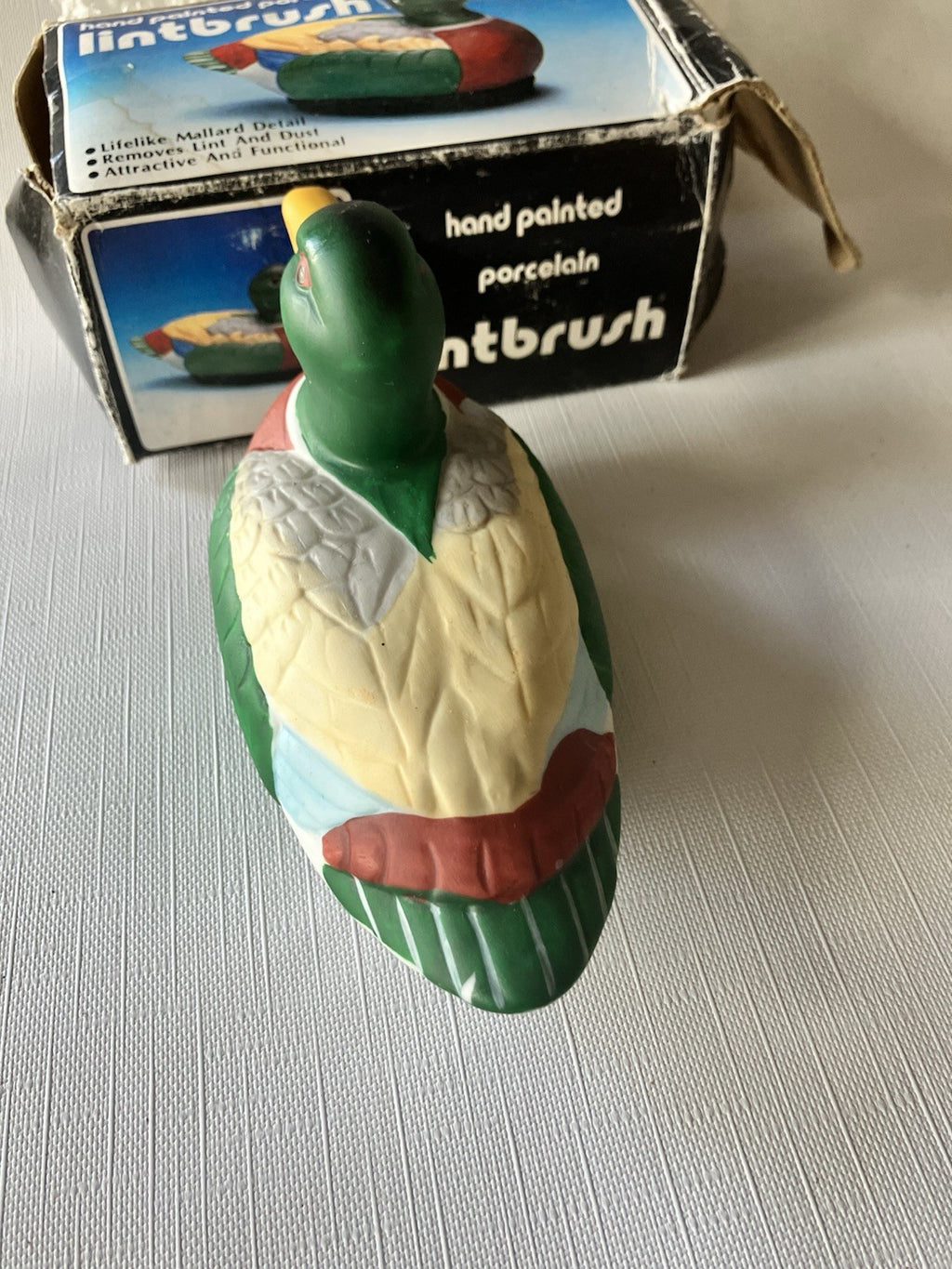 Vtg. Handpainted Porcelain Lifelike Detail Duck Mallard Lint Brush; Original Box