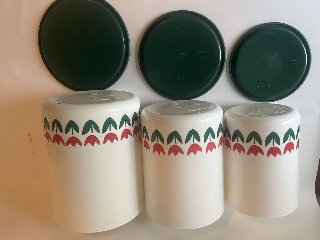 Vtg. One Touch White Tulip Tupperware Canisters with Green Lids; A-C; B/D sets