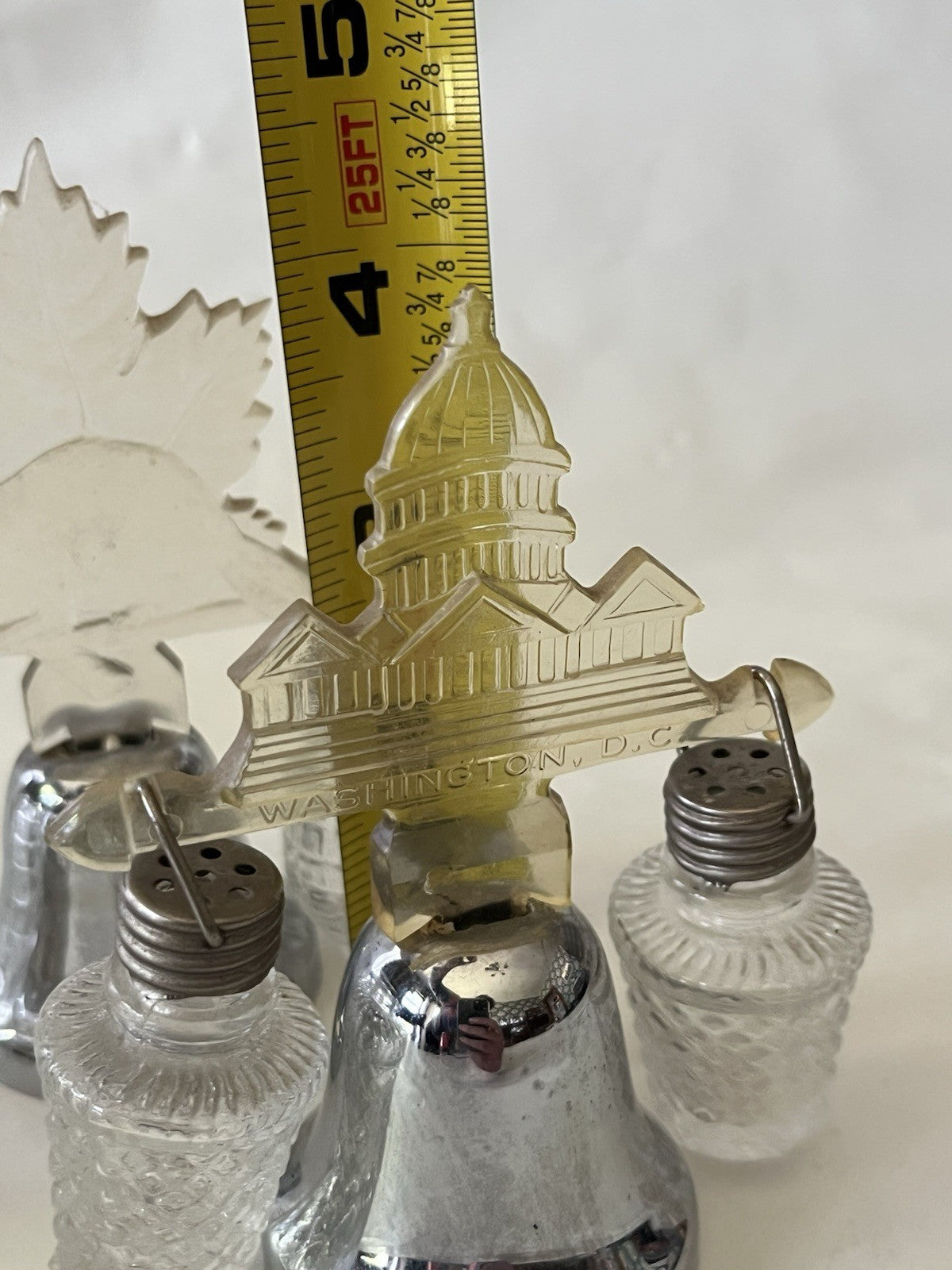 Vintage Silver Toned/Clear Lucite Souvenir Salt/Pepper Shakers W/ Bell Stand (3)
