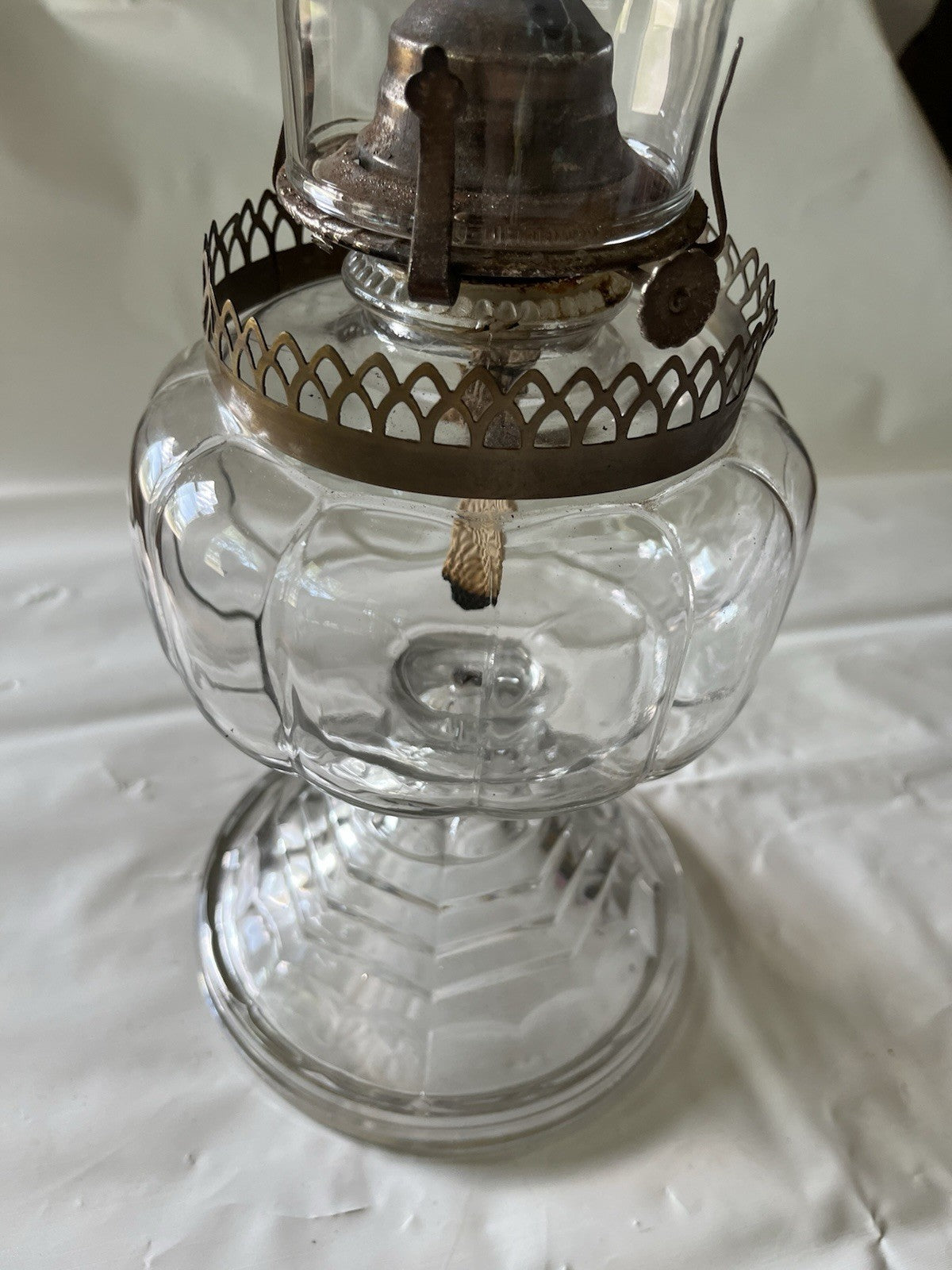Antique 16” Clear Glass Kerosene Oil Lamp Complete W/ Flute, Metal Skirt, Base