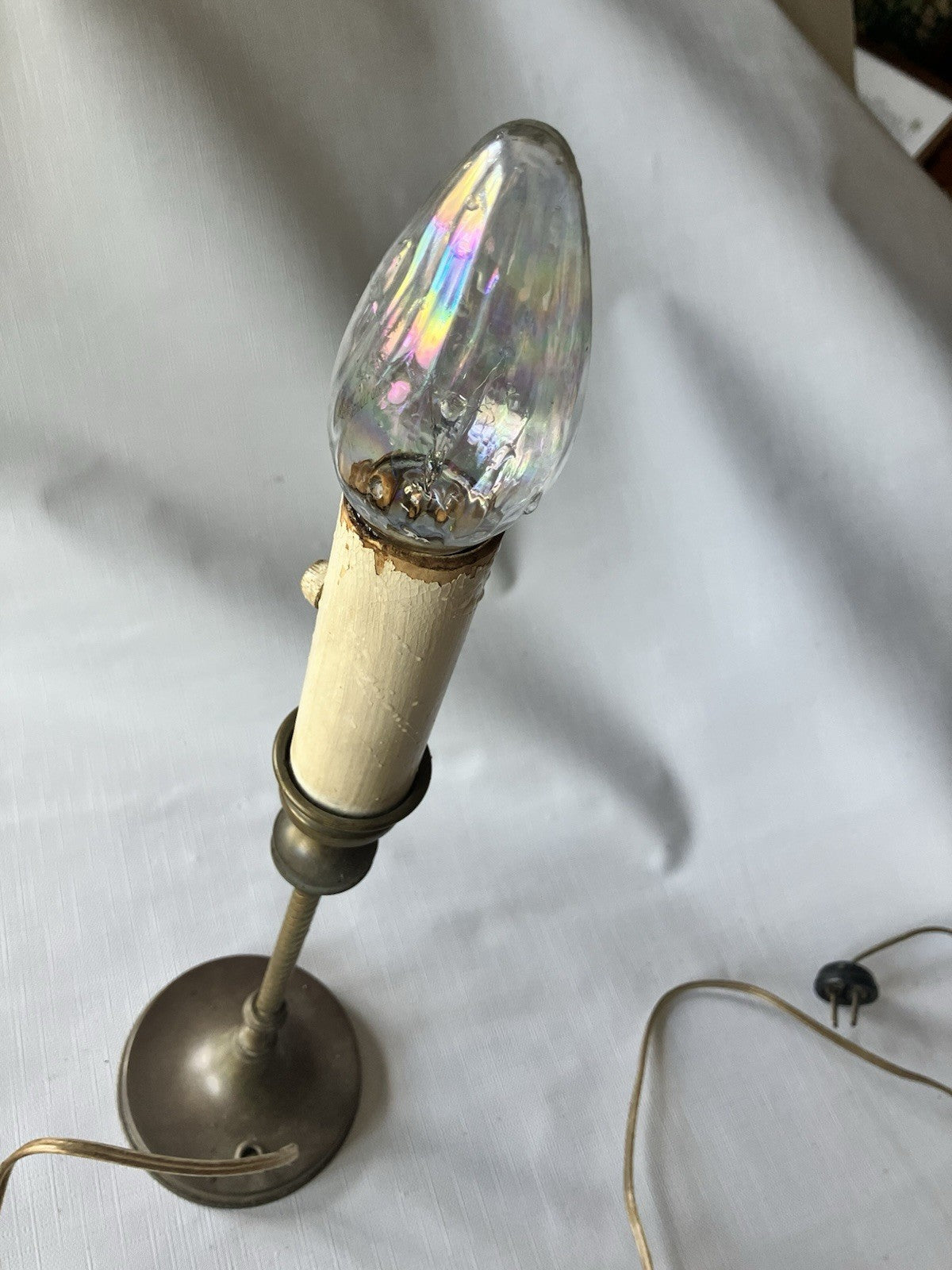 Vintage Weber 17” Tall Brass Candlestick Lamp With Crackle Glass Bulb; Art Deco
