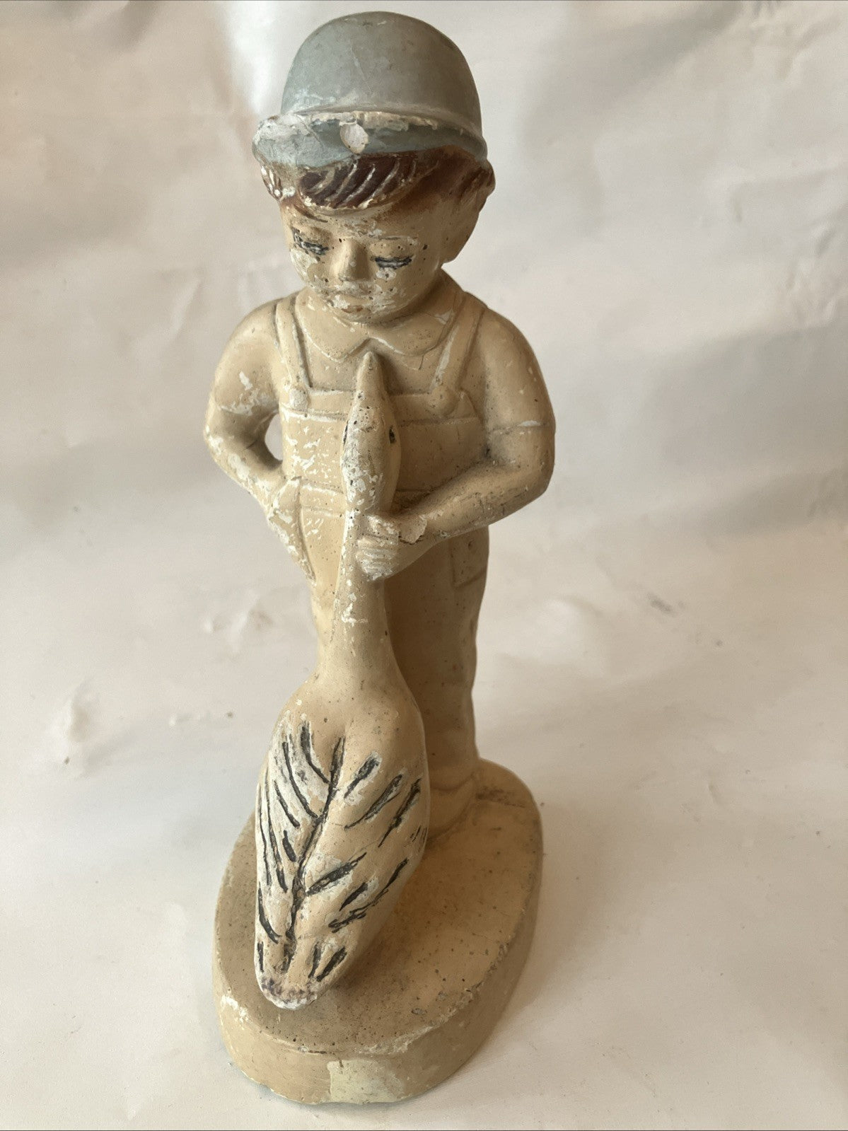 Vintage Chalk Ware Plaster Boy & A Goose Figurine, 7” Tall