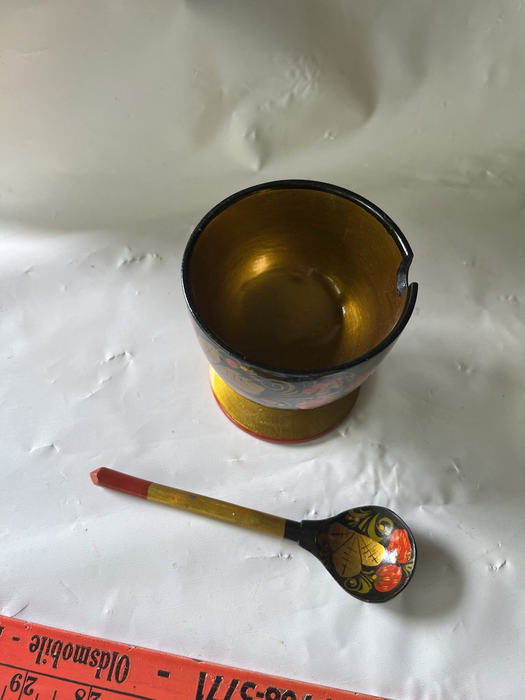 Russian Golden Khokhloma, Wooden Bowl & Spoon Set, Background painting, Folk-Art