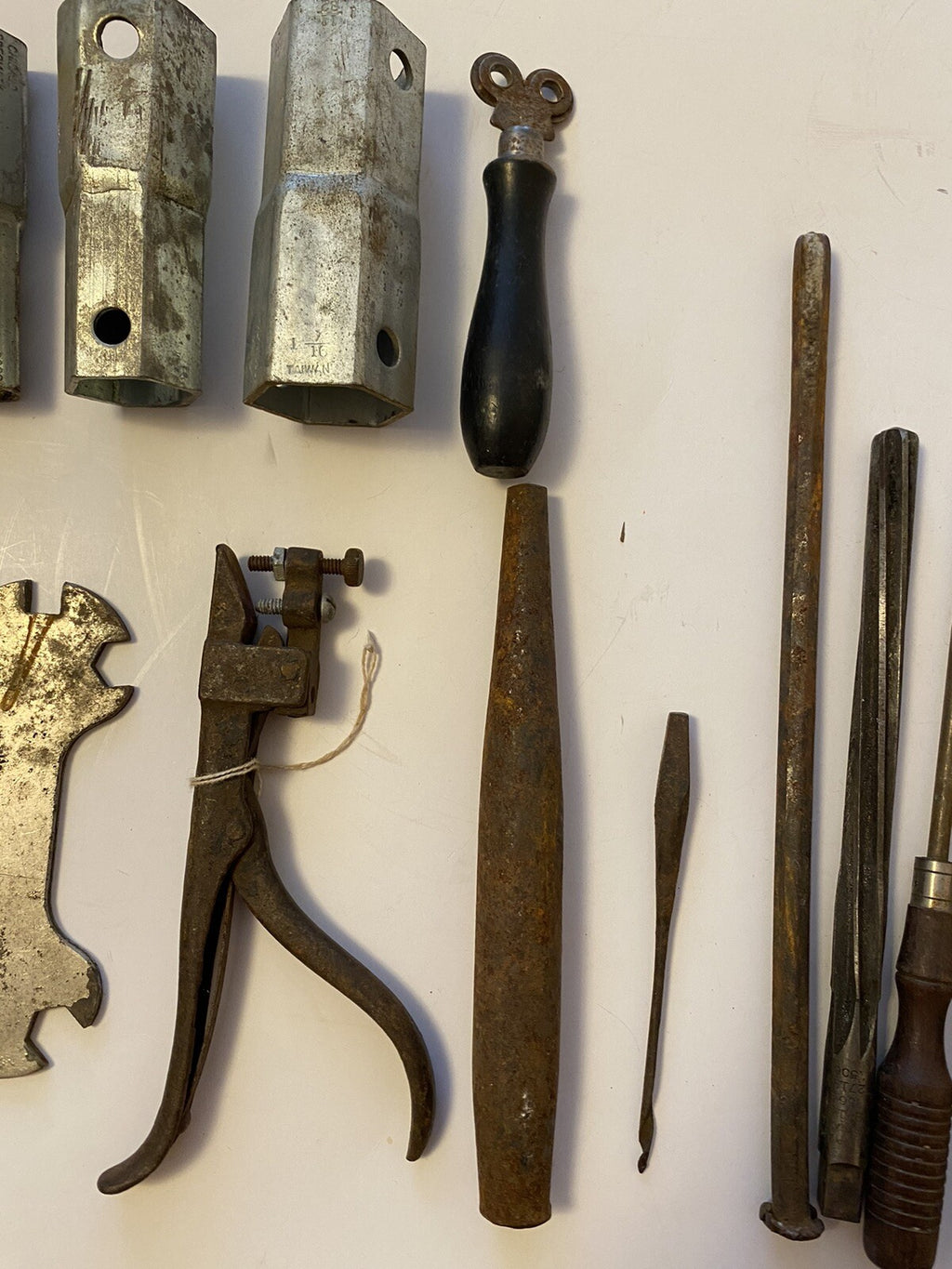 Lot of Vintage Tools Hand Made Handles/File/Knife Sharpener/Drill Bit/Wrench