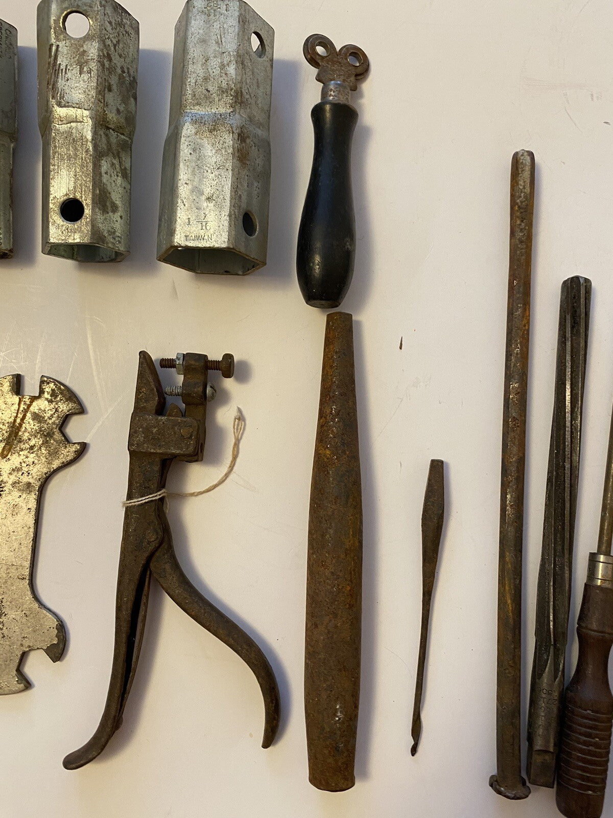 Lot of Vintage Tools Hand Made Handles/File/Knife Sharpener/Drill Bit/Wrench