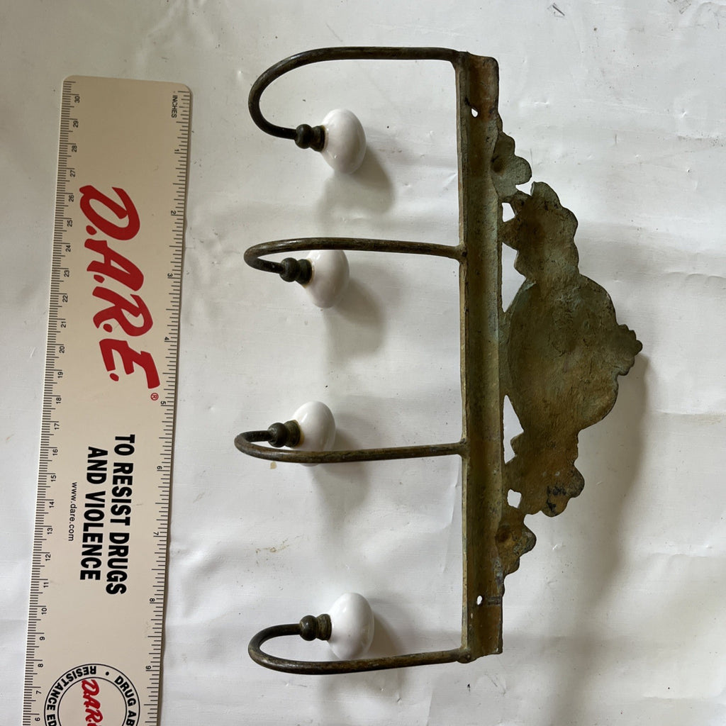 Vintage Styled Cast Iron Metal And Porcelain Wall 4 Hooks; 8”x6” Ornate Details