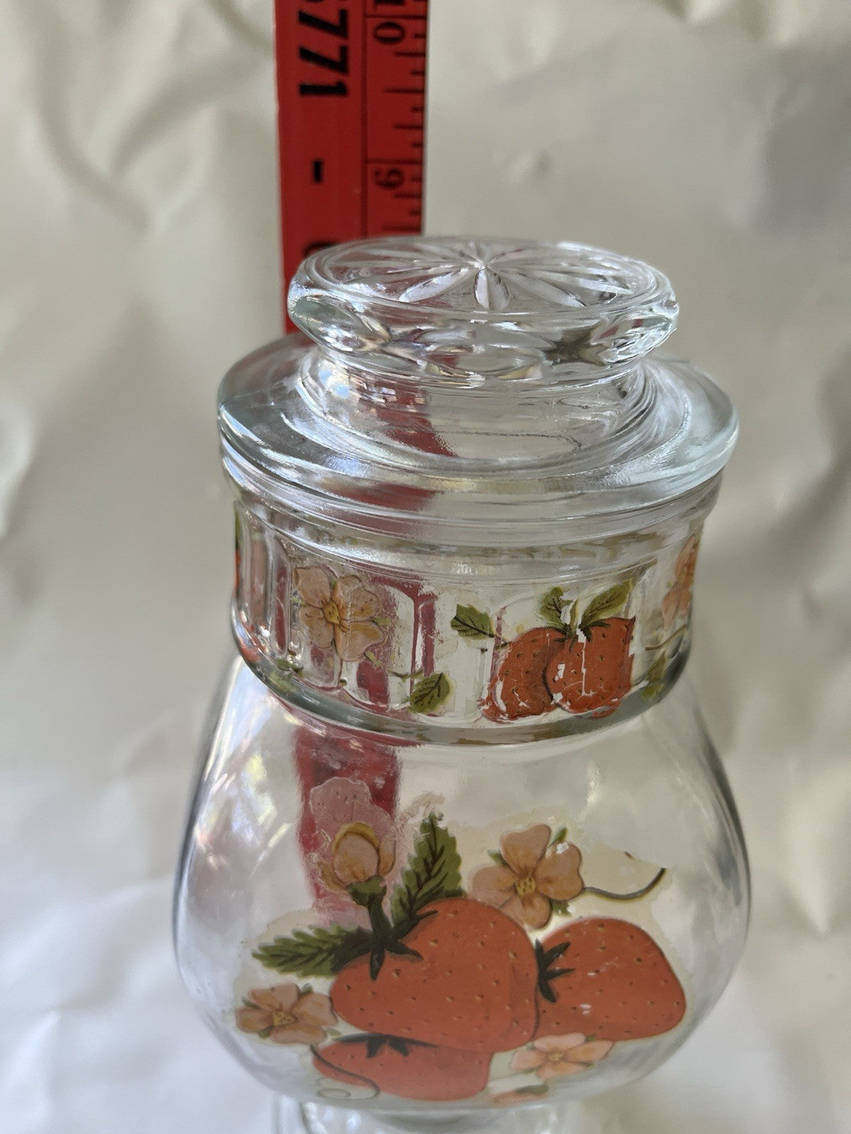 Vintage MCM 8” Tall Glass Jar With Strawberry Details And Lid