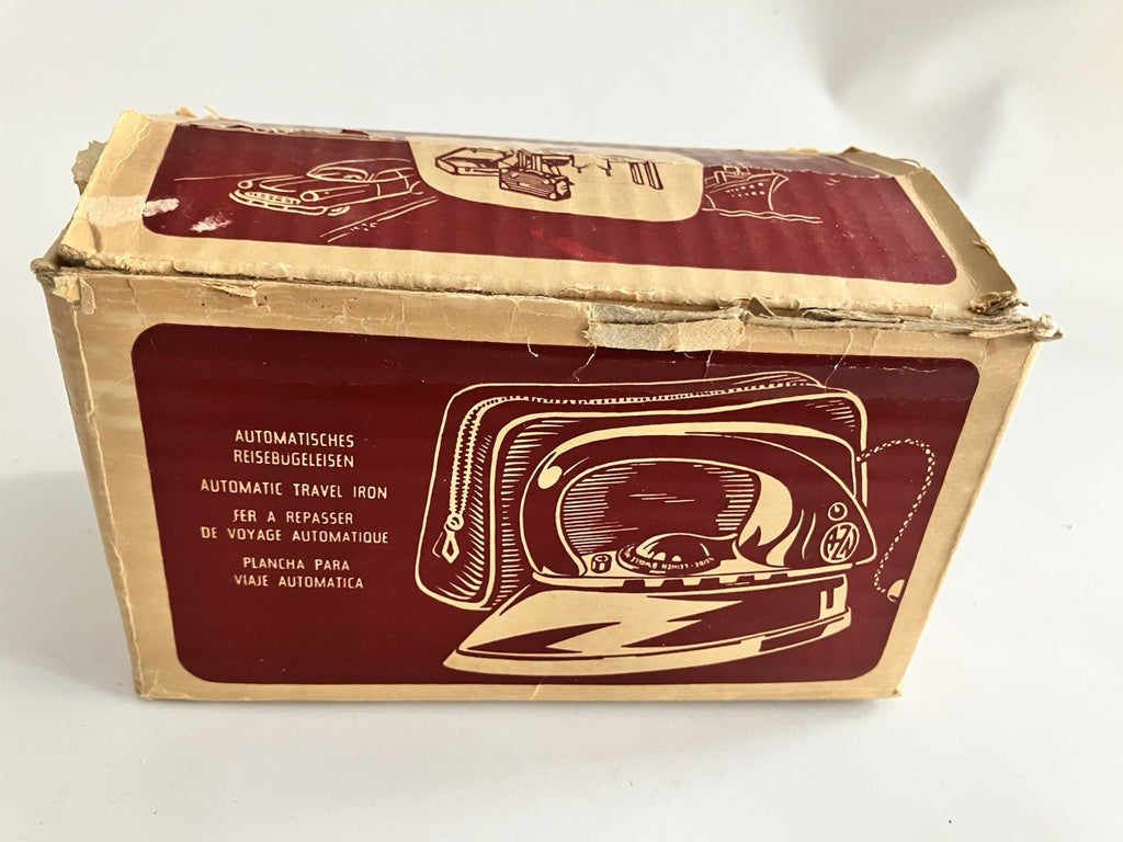 1950s German Zoeller Maroon Travel Iron W/ Original Box, Paper EVC, Never Used