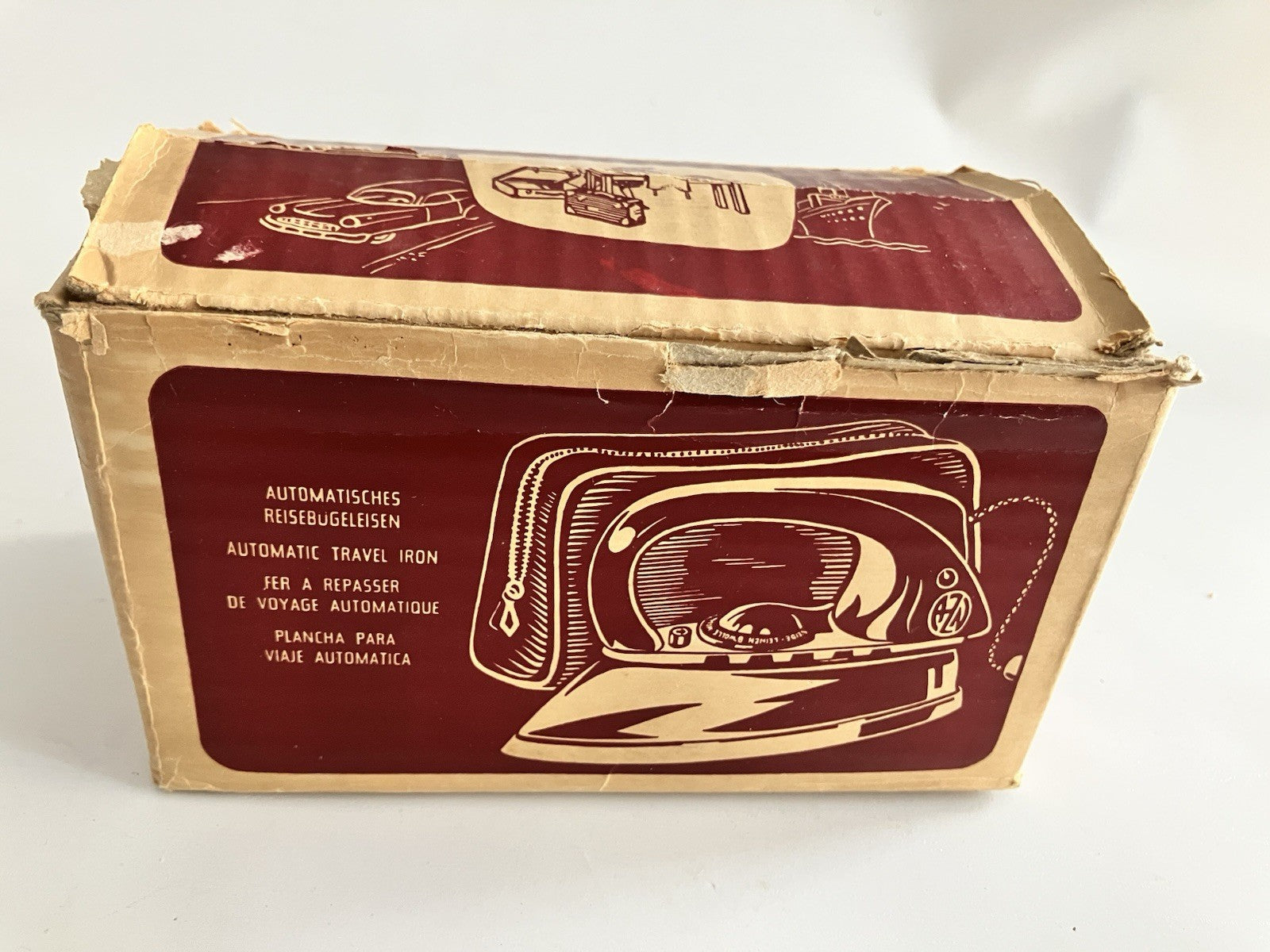 1950s German Zoeller Maroon Travel Iron W/ Original Box, Paper EVC, Never Used