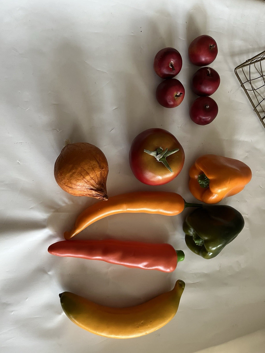 Vintage MCM Soft Faux Fruit & Vegetables In Wire 7x7x5” Basket