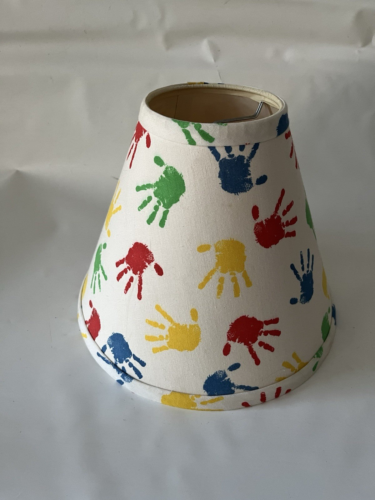 Vintage Kids Hand Print Lamp Shade; White With Green, Red, Blue Yellow Color