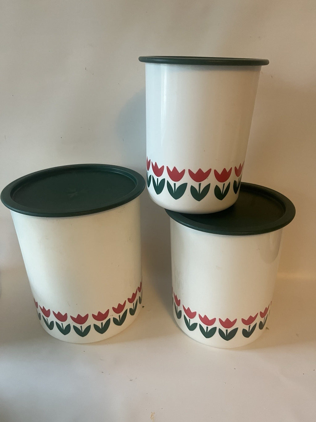 Vtg. One Touch White Tulip Tupperware Canisters with Green Lids; A-C; B/D sets