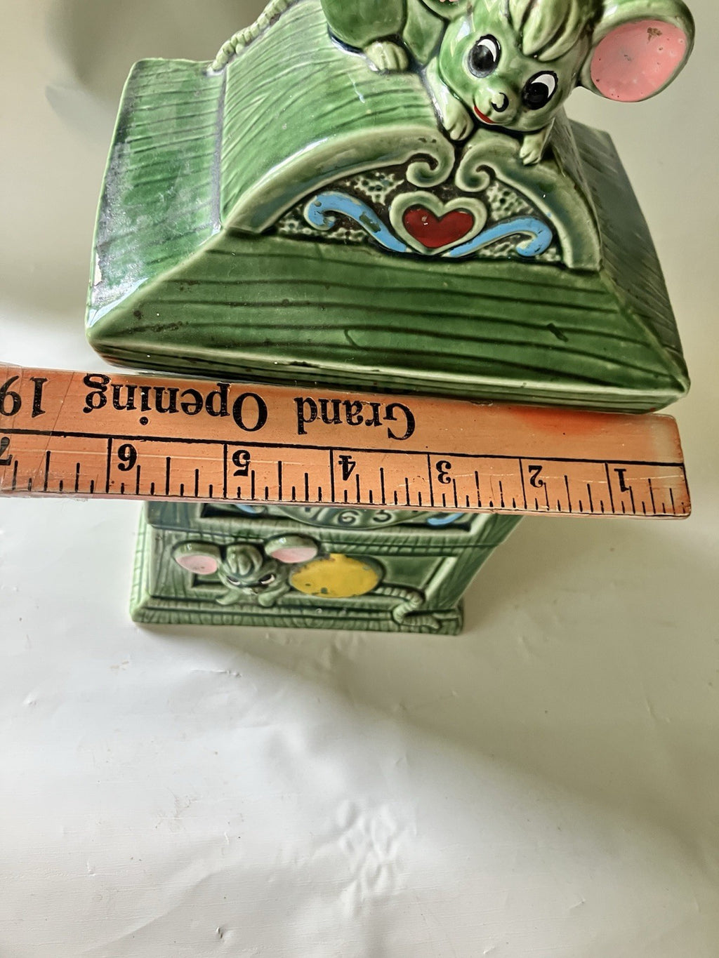 Vintage MCM Green Glazes Ceramic Hickory Dickory Cookie Jar  Made In Japan