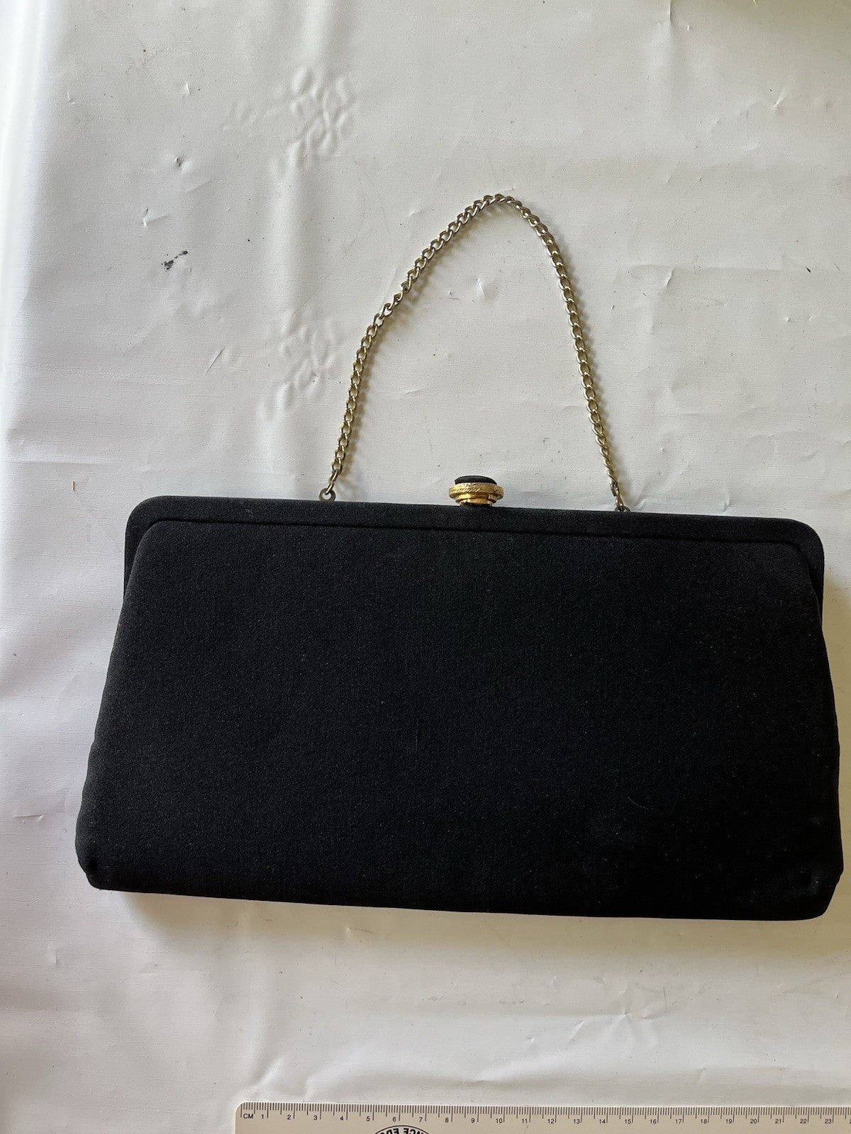VTG Black Cloth Evening Bag/Clutch Gold Chain Strap Kiss Lock Closure MCM 1960s