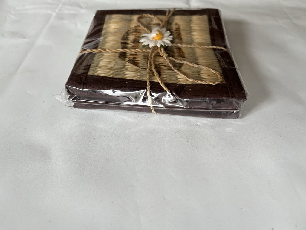 Vintage New/Wrapped Set Of 4 Vintage Coasters Weaved Bamboo Painted Design