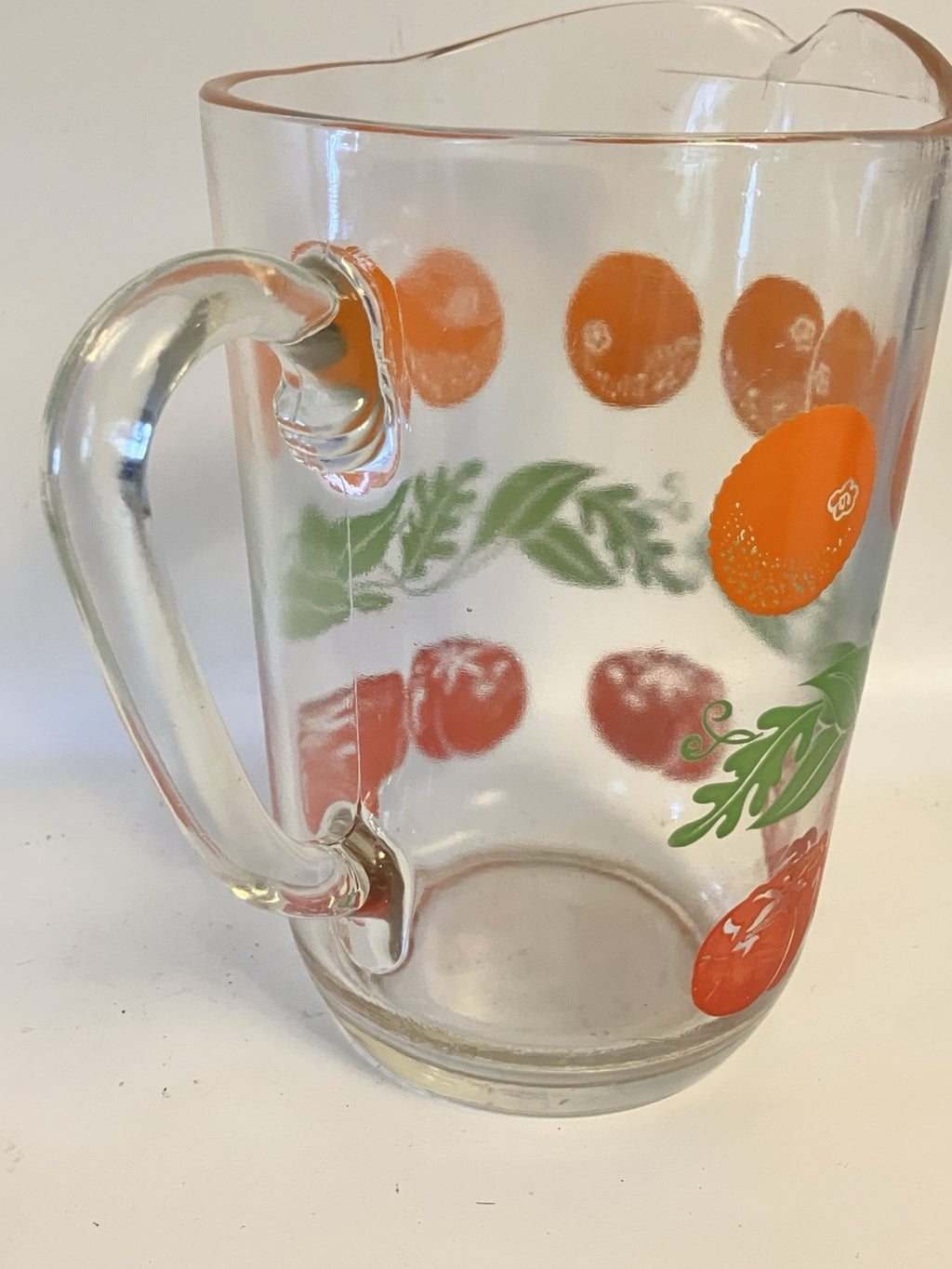 Vintage MCM Glass Juice Pitcher Fruit—Orange And Tomato From 1940-50’s. EVC.
