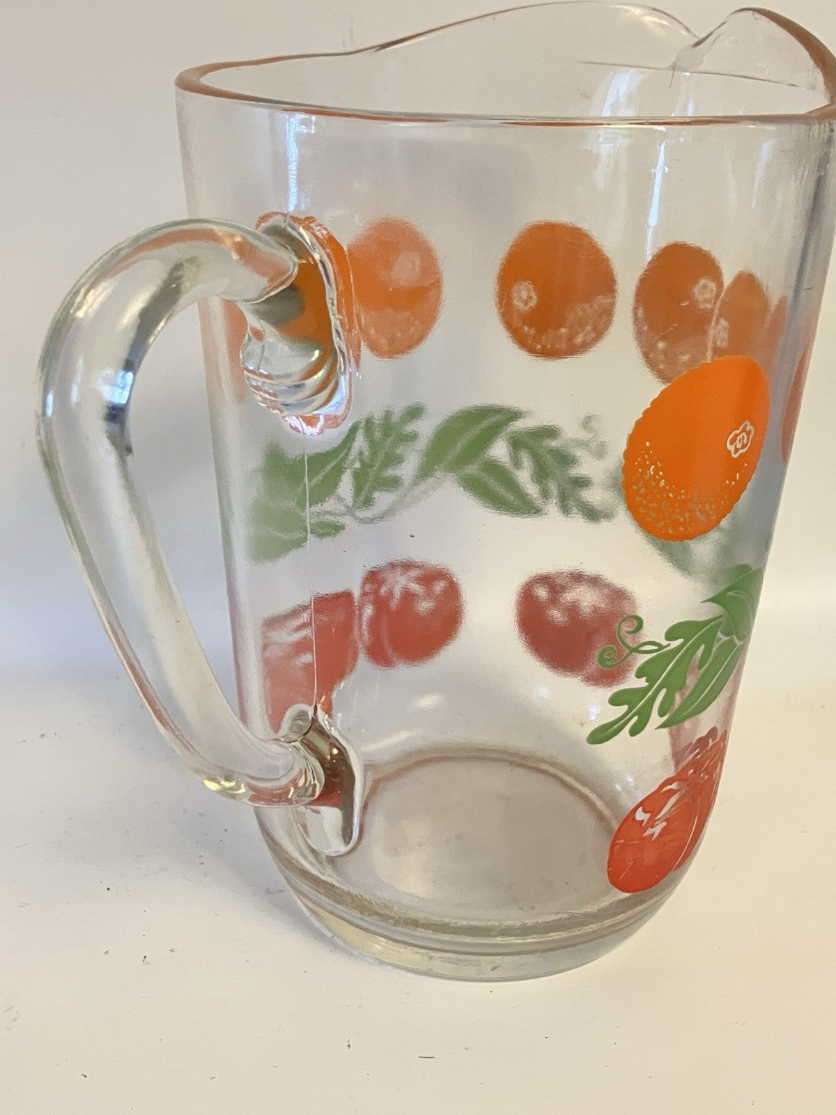 Vintage MCM Glass Juice Pitcher Fruit—Orange And Tomato From 1940-50’s. EVC.