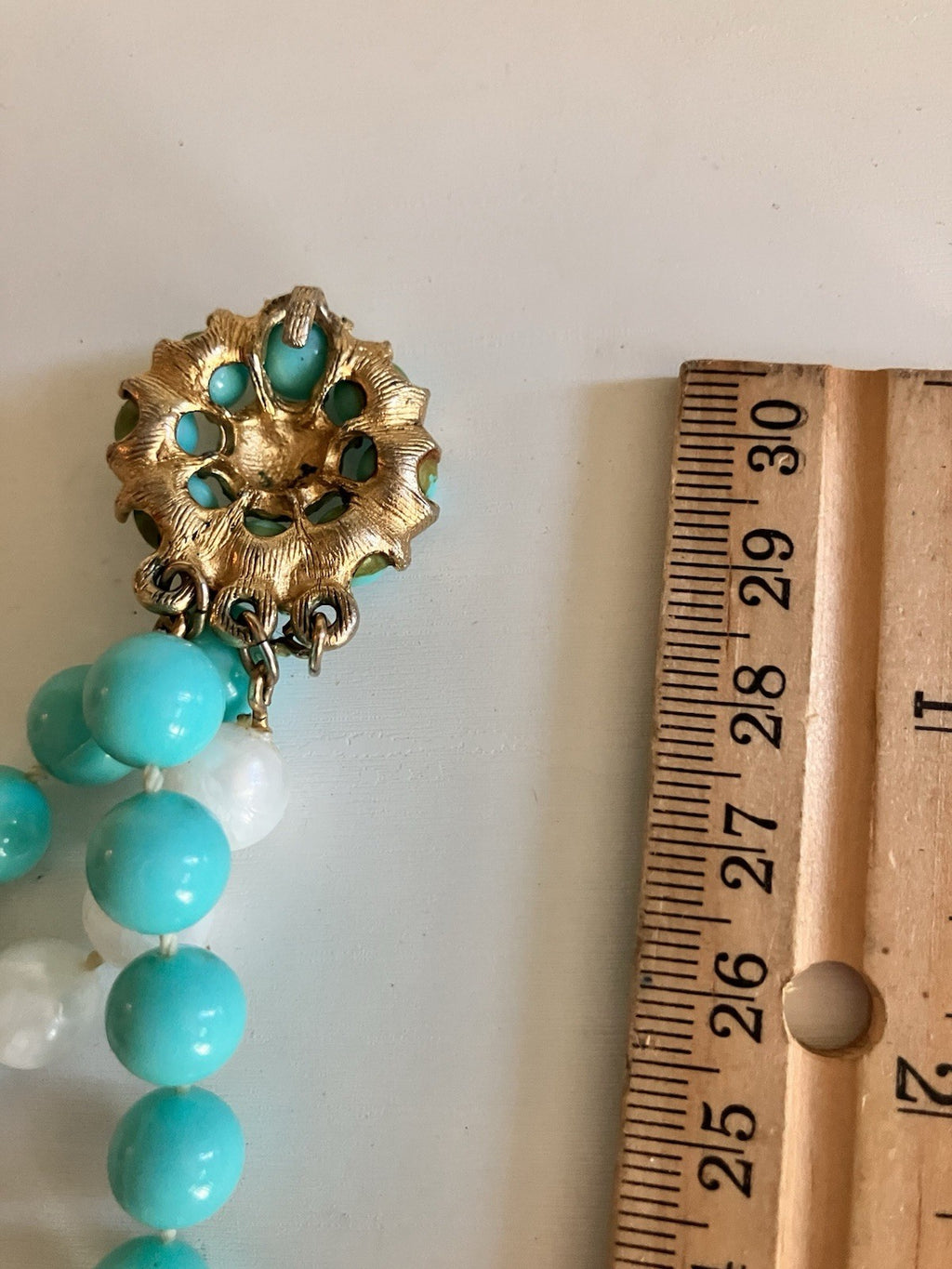 Vintage Blue & White Triple Stranded Faux Pearl Necklace W/ Gold Tone Clasp