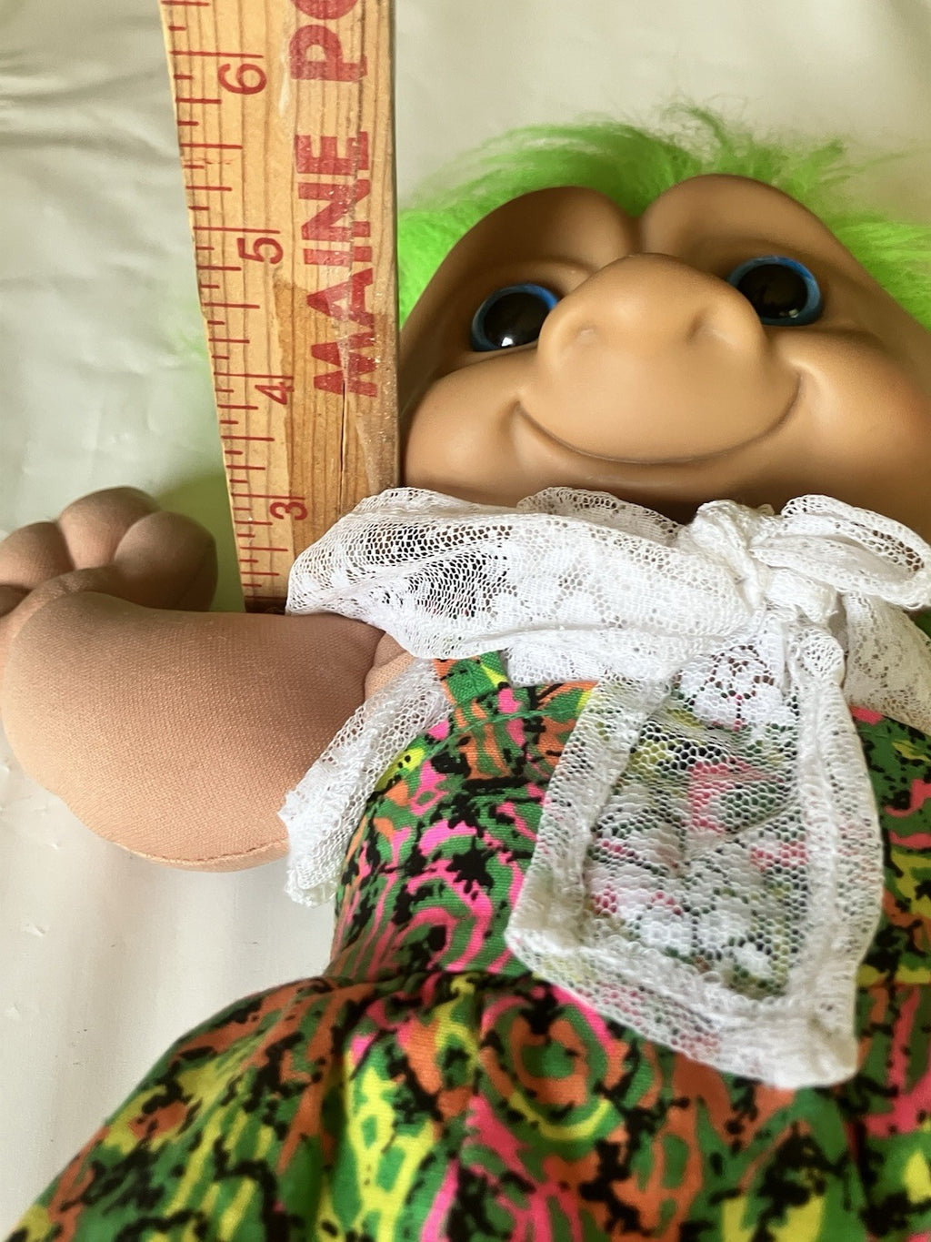 Vintage Large Plush Troll Treasure Doll With Green Hair &Jewel/Acid Wash Outfit