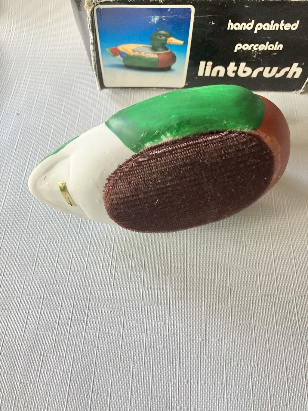 Vtg. Handpainted Porcelain Lifelike Detail Duck Mallard Lint Brush; Original Box