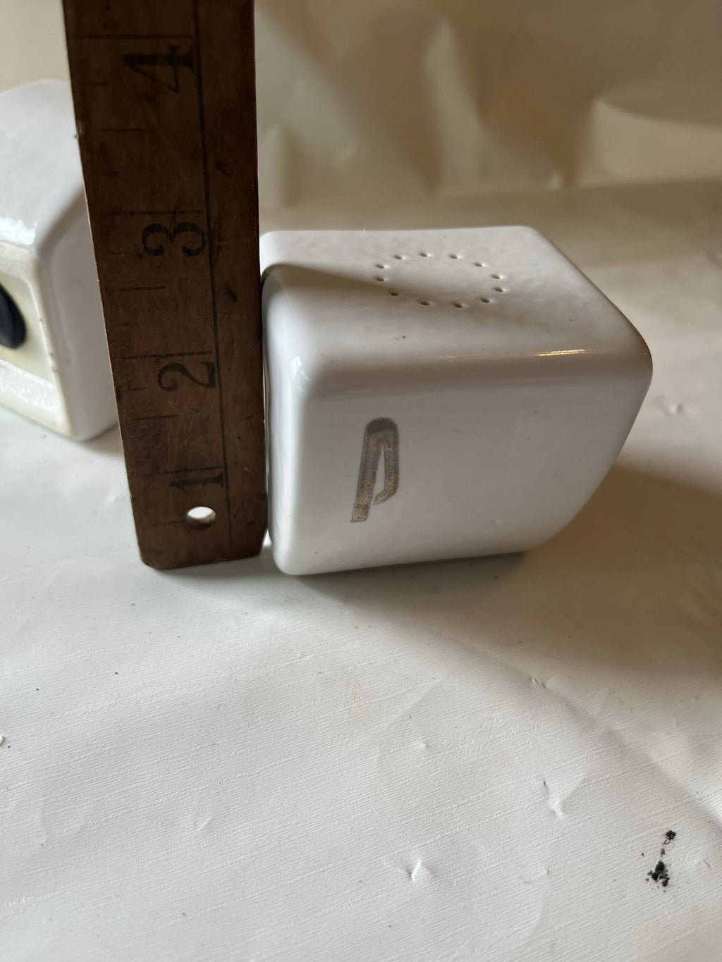 Vintage Art Deco White Silver Letters Salt and Pepper Shakers Ceramic