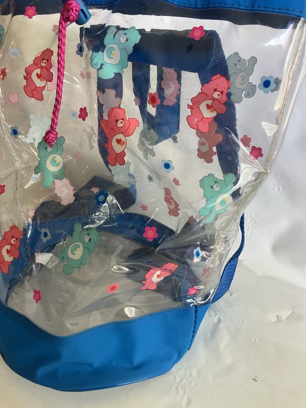 Y2K Clear Bucket Backpack, Pull Cord Care Bear  Backpack, Rare! EUC 2004 Edition
