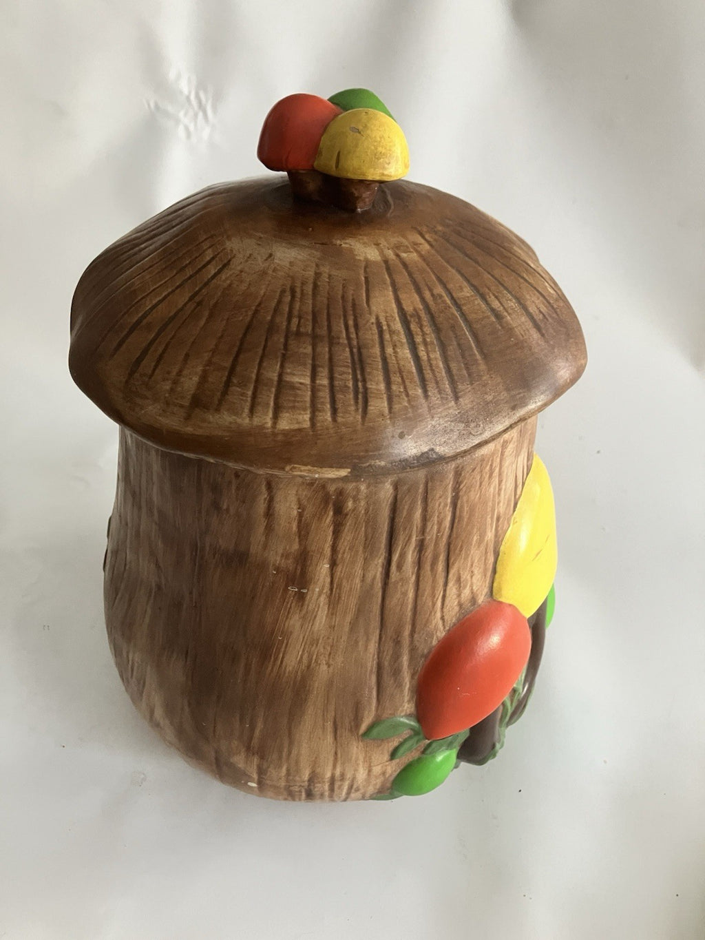 Vtg 1970’s Arnel’s Mushroom  Porcelain Canister / Cookie Jar. Brn, Red, Grn Ylw