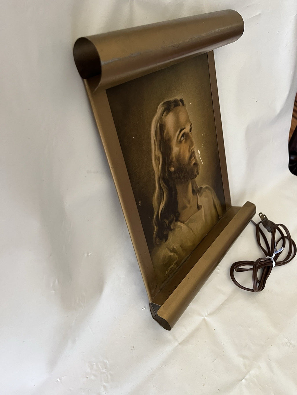 1941 MCM Lighted Litho Print of JESUS On Gold Tone Manuscript Wall Hanging