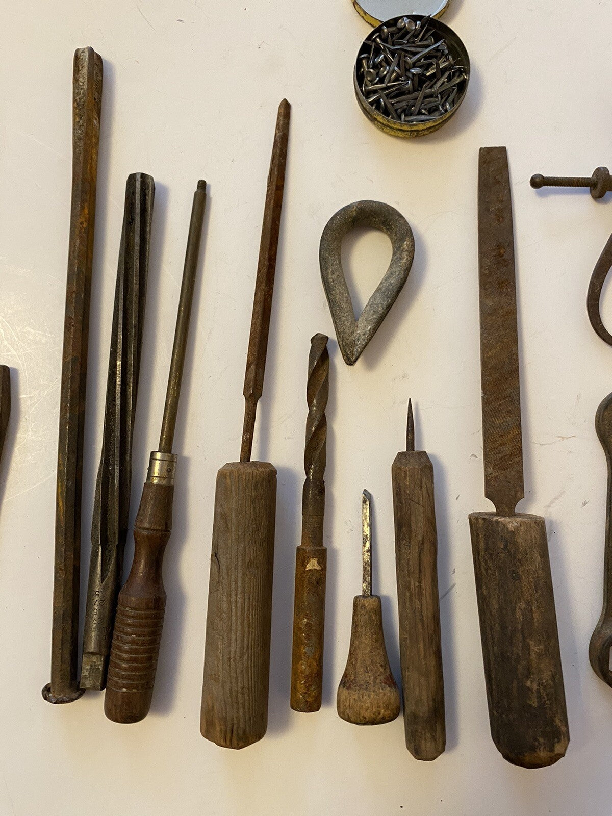 Lot of Vintage Tools Hand Made Handles/File/Knife Sharpener/Drill Bit/Wrench