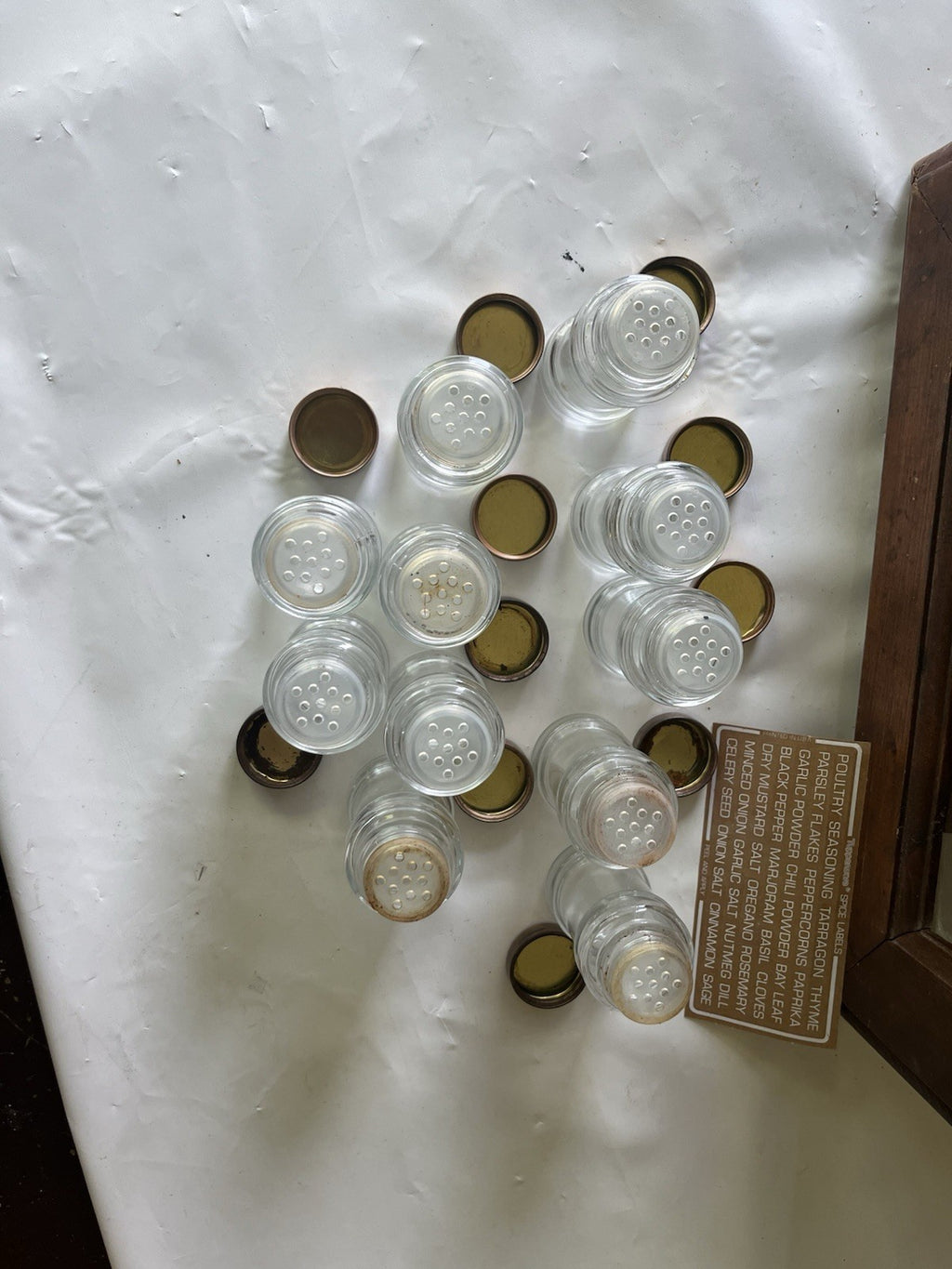 Vintage “Spices” Wooden/ Glass Door 17”x14” 12 Spice Cabinet & 11 Jars/ Stickers