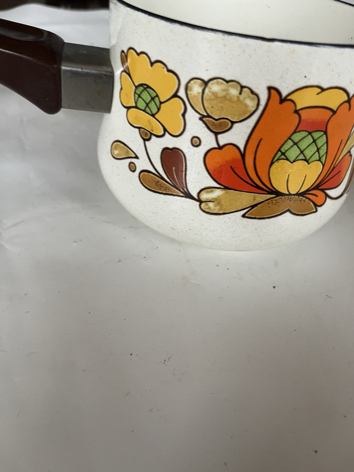 Vintage Country Flowers Sauce Pan Pot 1 Qt Sanko Ware Porcelain Enamel Japan