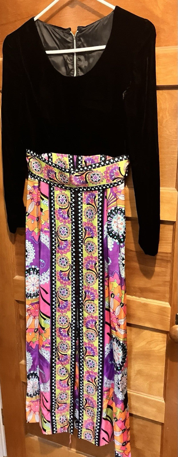 Vintage 1960 Black Velvet Long sleeve Dress W/ Psychedelic Pattern-
