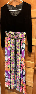 Vintage 1960 Black Velvet Long sleeve Dress W/ Psychedelic Pattern-