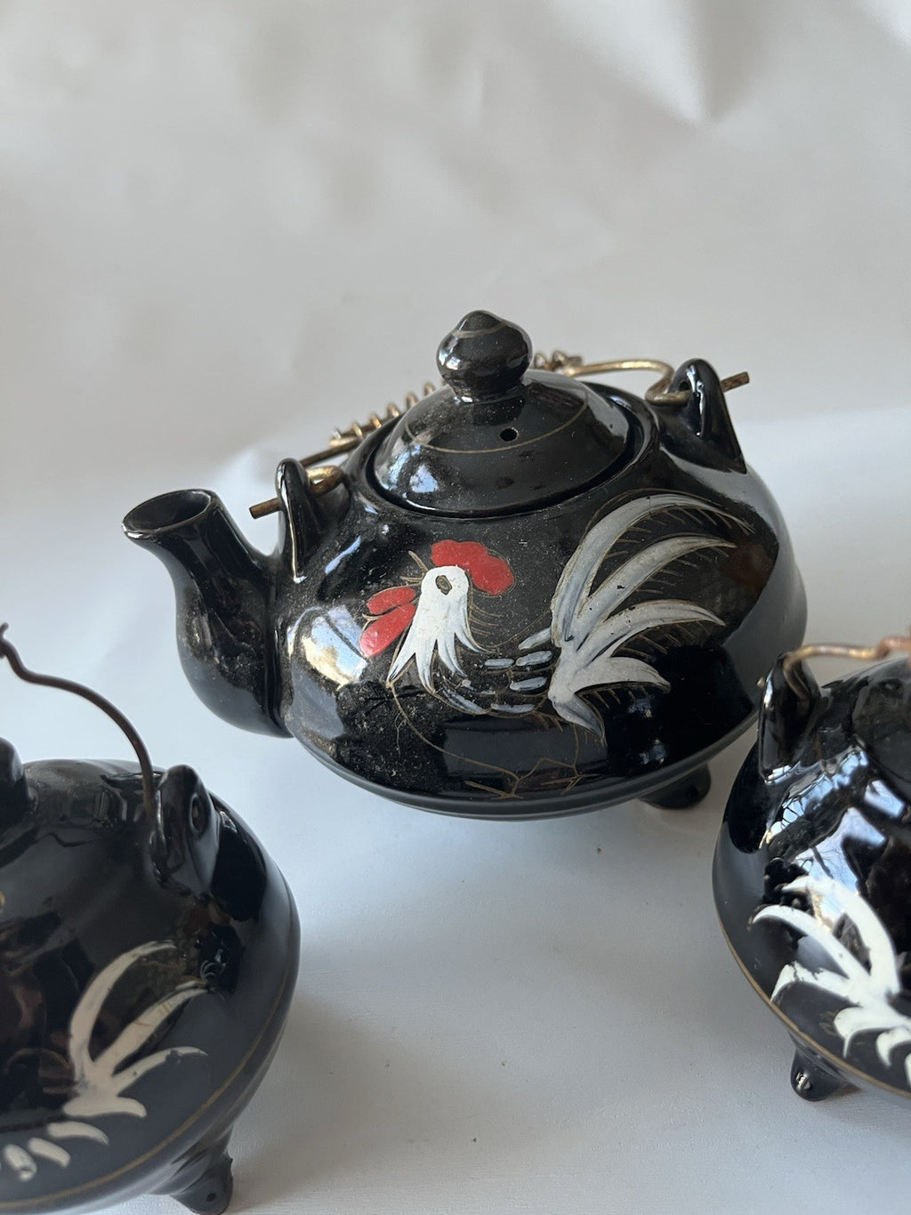 Vintage Japanese Redware Ceramic Rooster Tea Pot, S/P Shakers. Hand painted