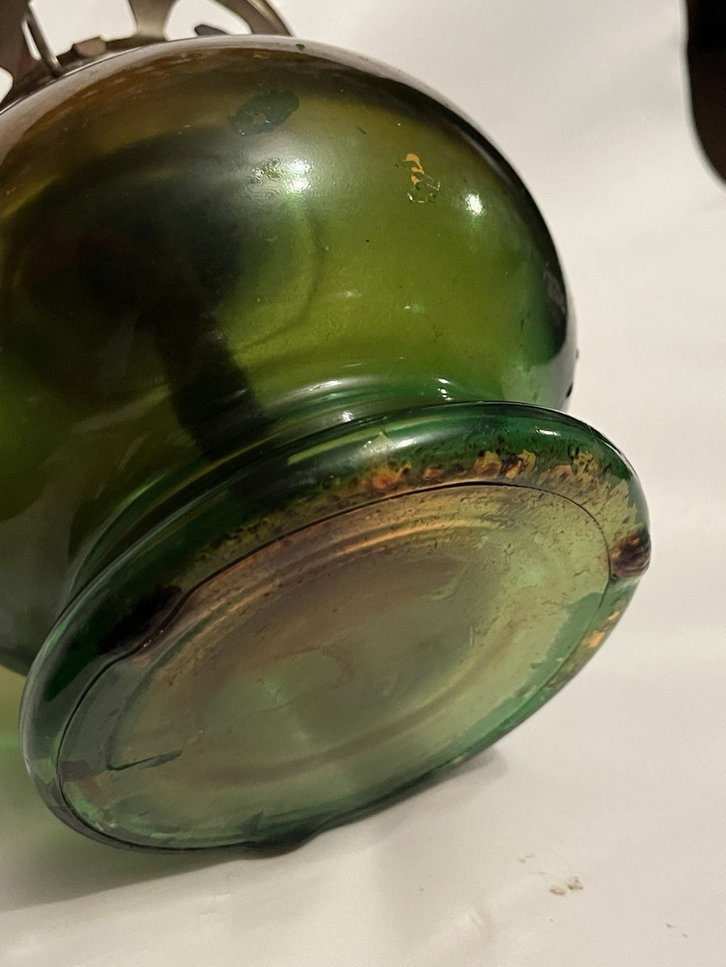 Vintage Amber-Green Glass Hurricane Kerosene Lamp  With Original Glass Globe