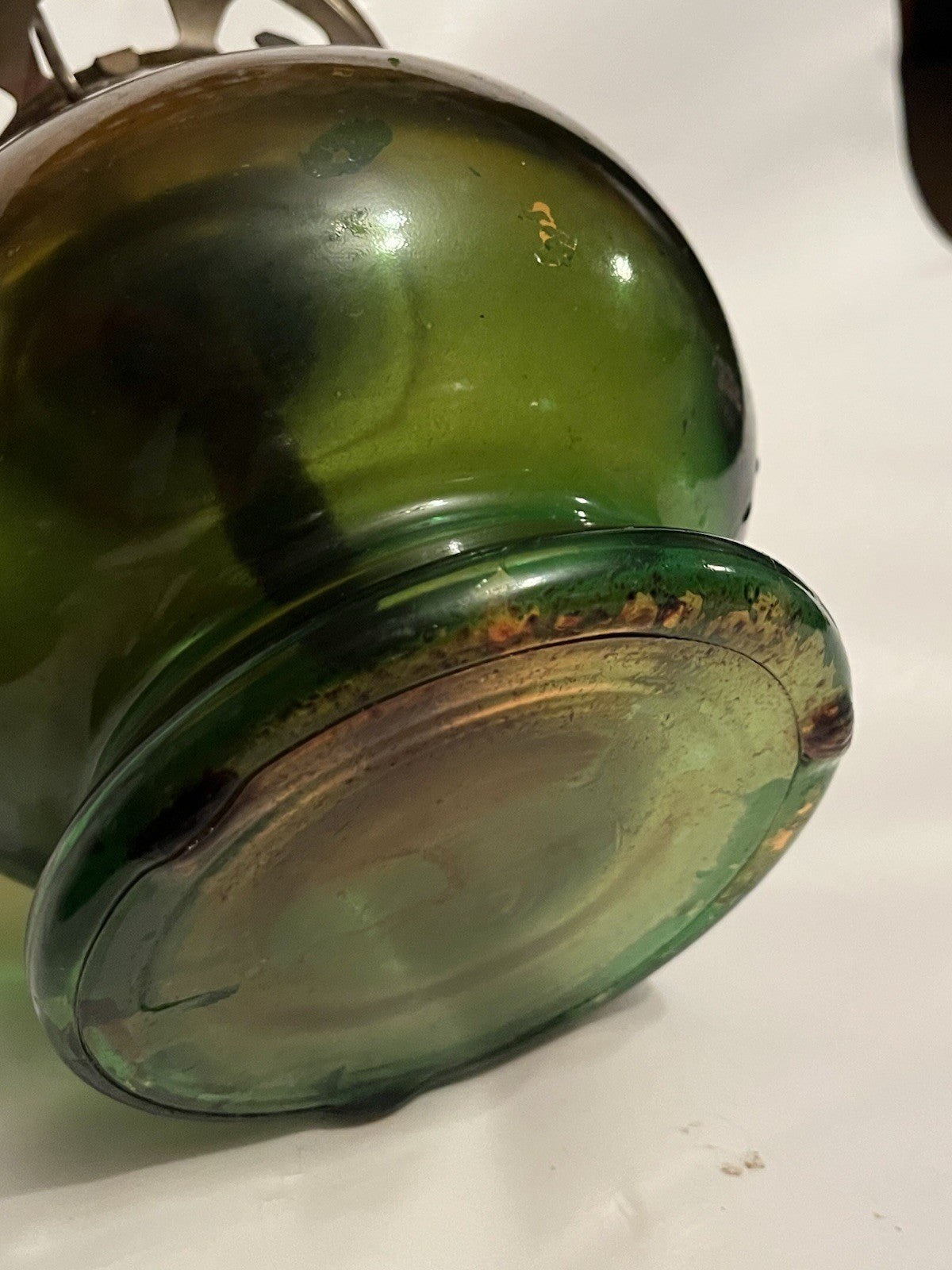 Vintage Amber-Green Glass Hurricane Kerosene Lamp  With Original Glass Globe