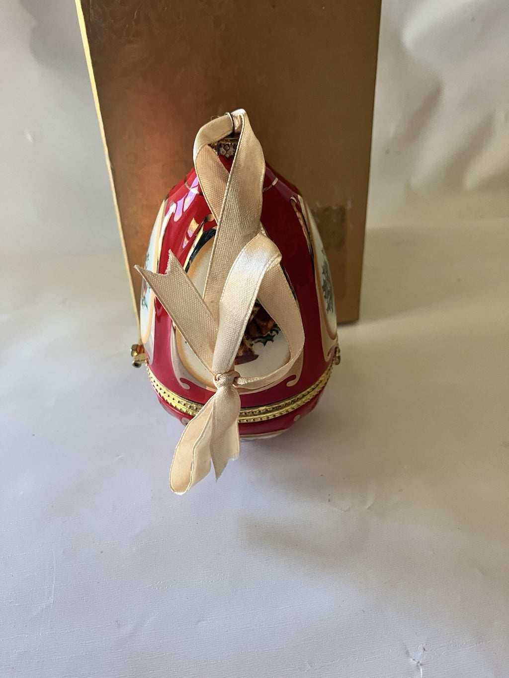 Vintage Christmas Musical Egg Ornament Red With Christmas Design; In Box