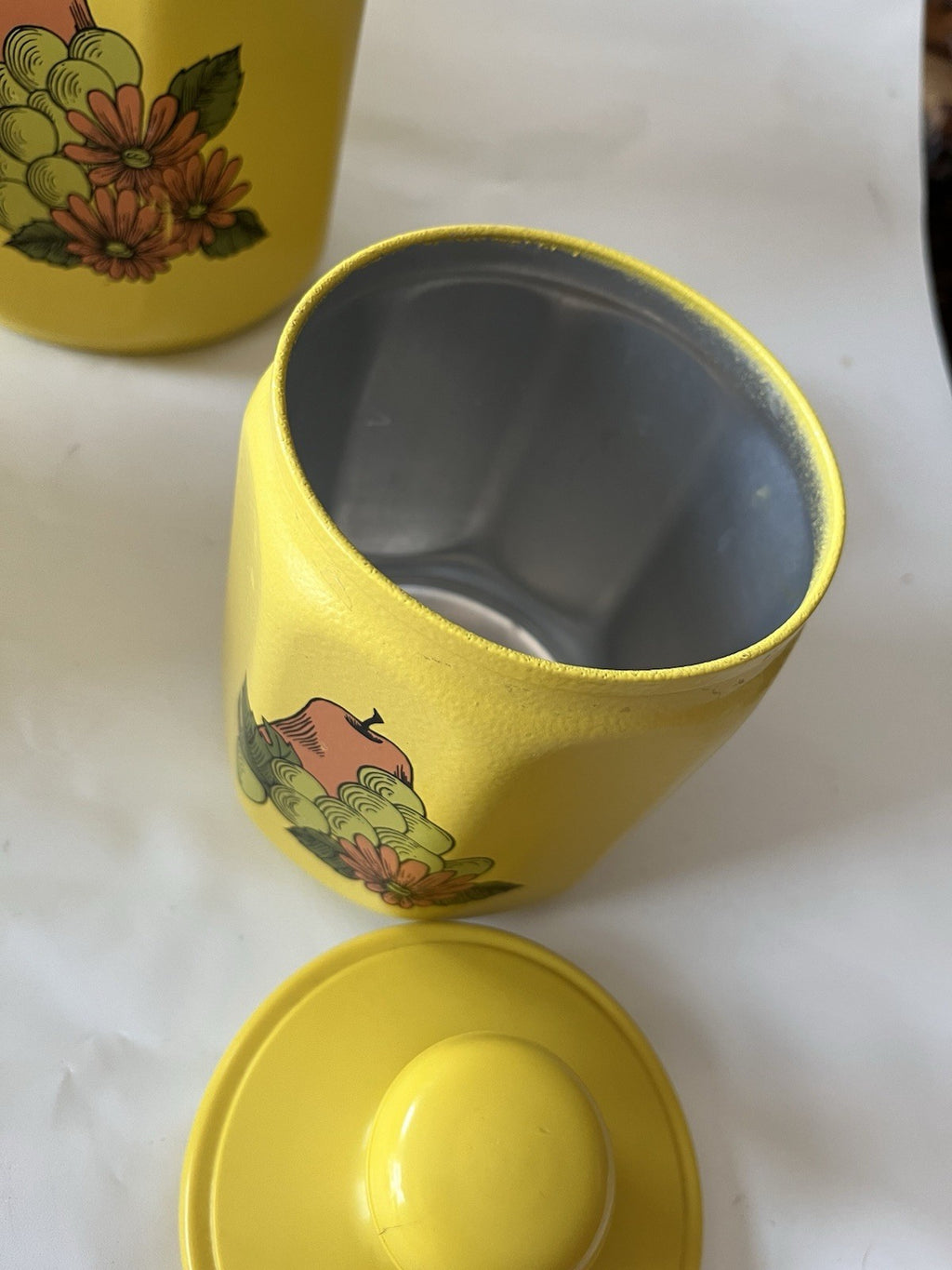 Vintage Kromex Faceted Aluminum 4 Canister Set Yellow Fruit Floral Plastic Lids