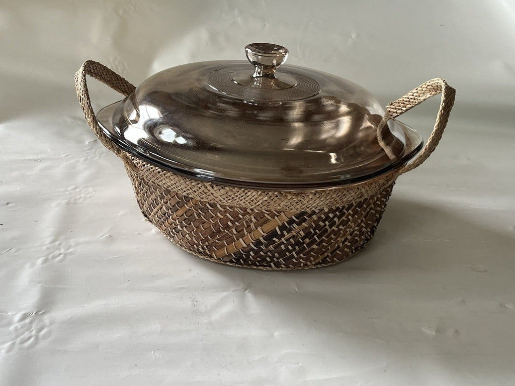 Vintage Glasbake Jeanette Iridescent J514 2 Qt Casserole W Woven Carrier Basket