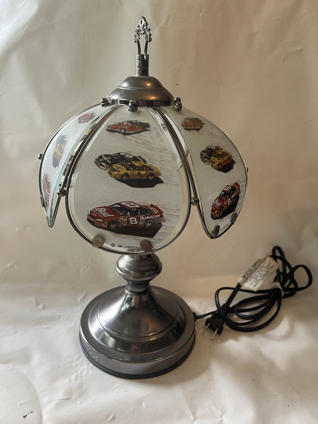 Vtg OK Lighting NASCAR Tiffany Style Touch Lamp; Earnhardt Sr, Jr Others. Works!