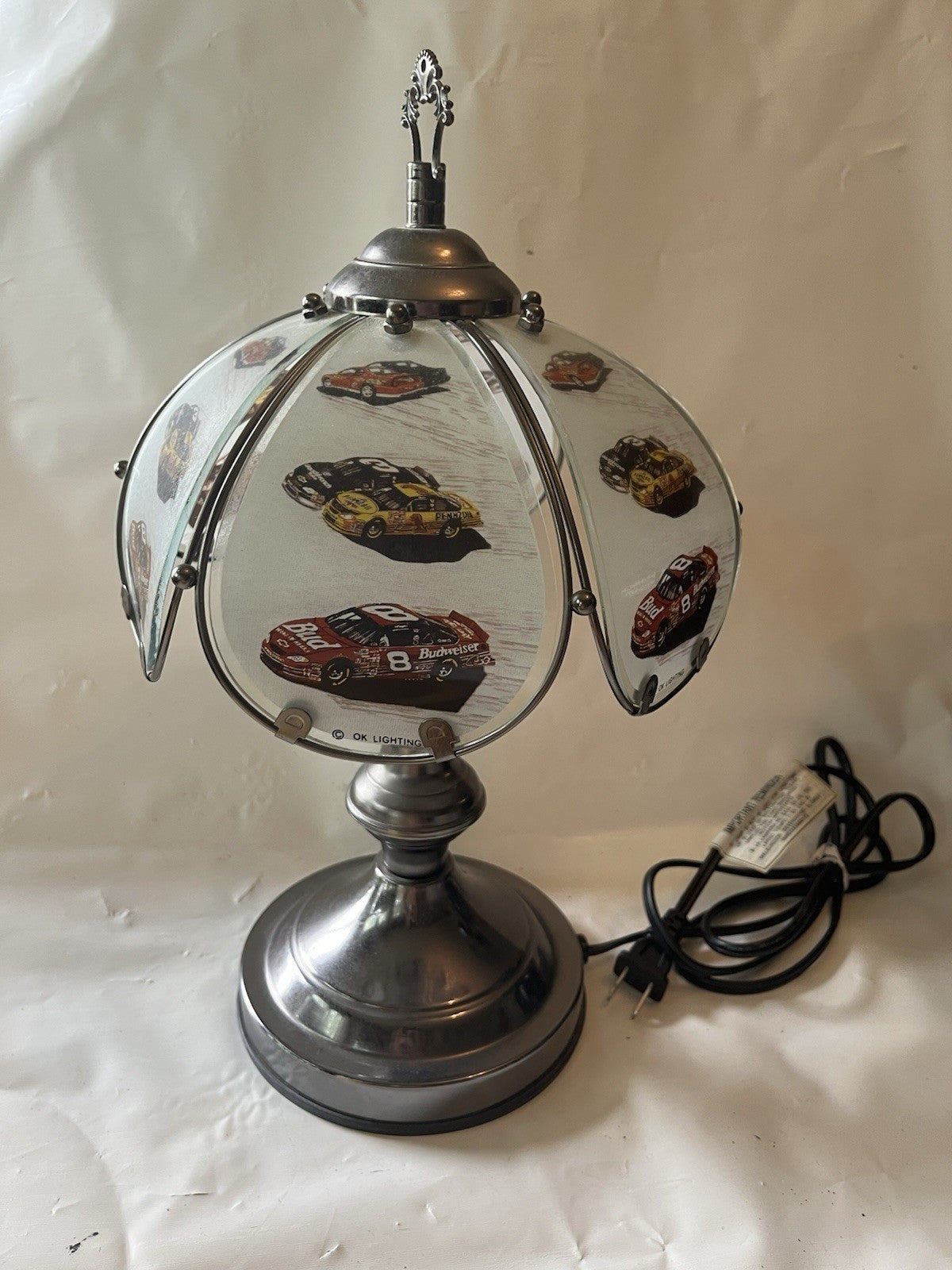 Vtg OK Lighting NASCAR Tiffany Style Touch Lamp; Earnhardt Sr, Jr Others. Works!