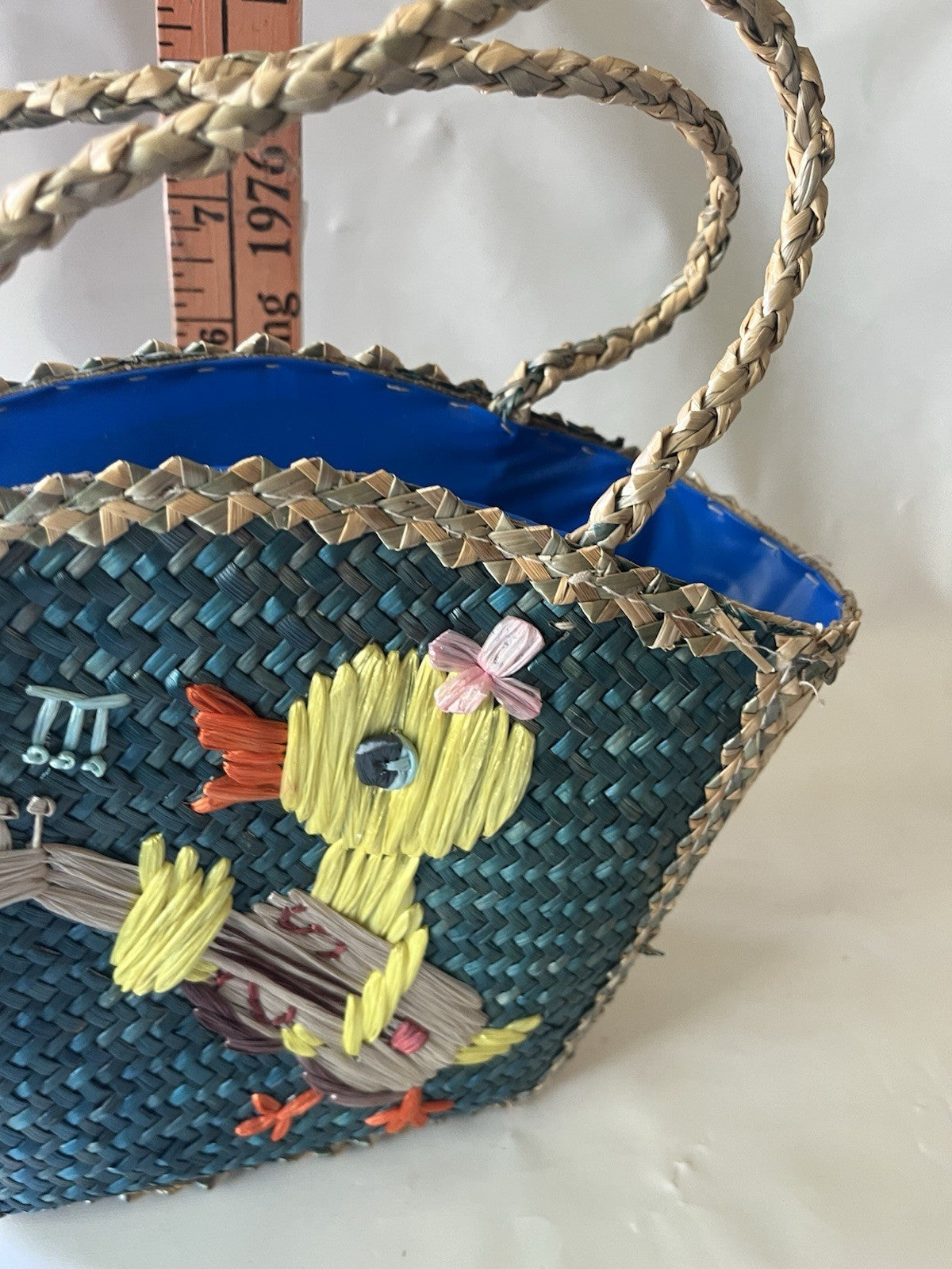 Vtg. 1960’s Woven Straw Raffia Child’s Easter Basket Duck Play Guitar Vinyl Int.