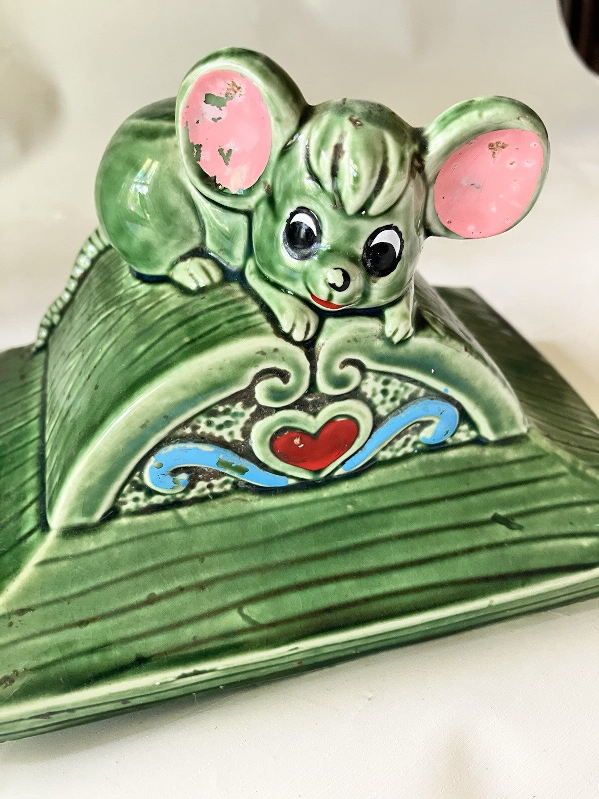 Vintage MCM Green Glazes Ceramic Hickory Dickory Cookie Jar  Made In Japan