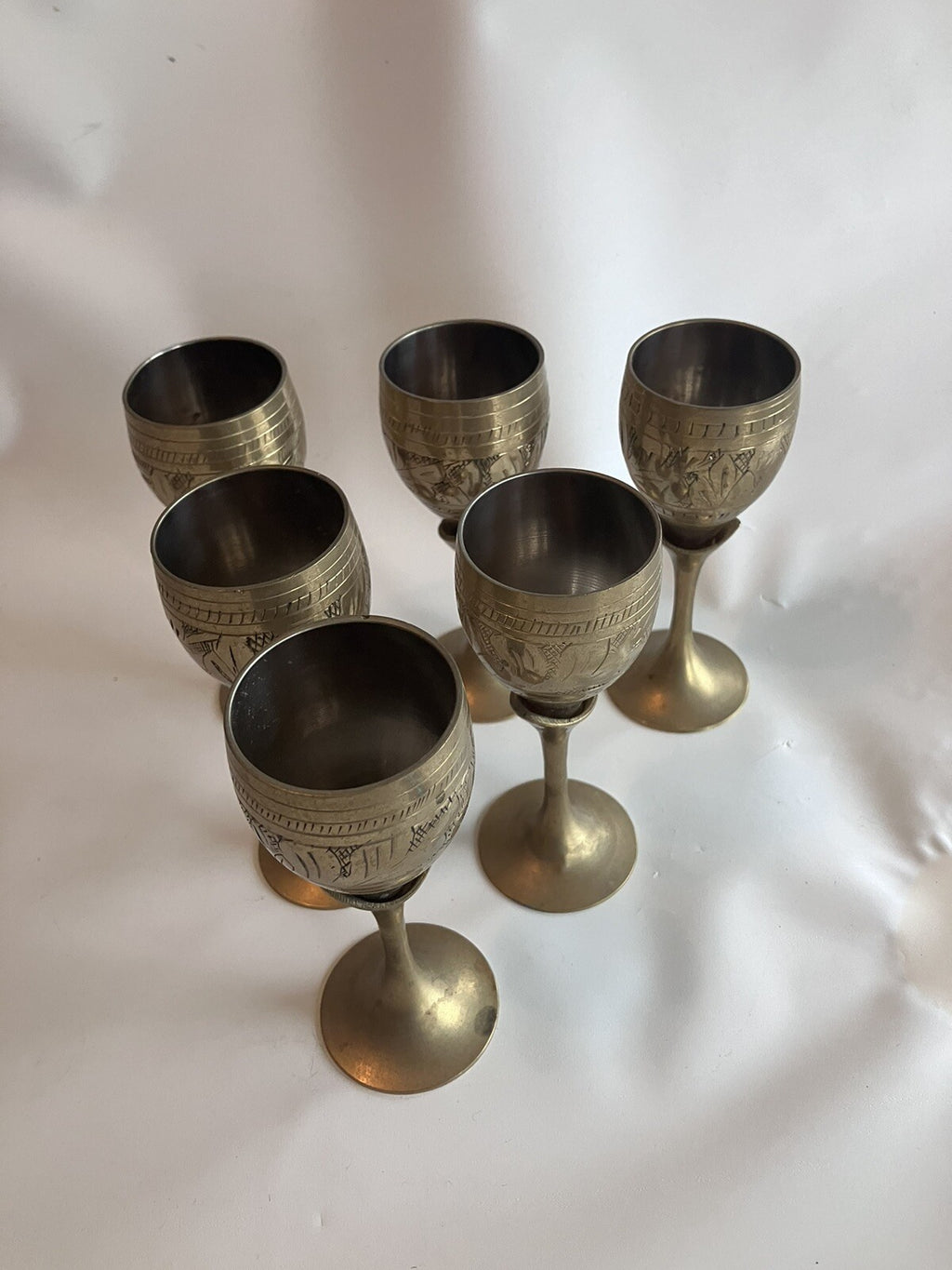 Vintage S/4 Solid Brass Goblets Tulip Stem, Etched Design
