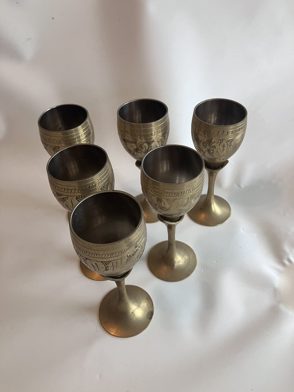 Vintage S/4 Solid Brass Goblets Tulip Stem, Etched Design