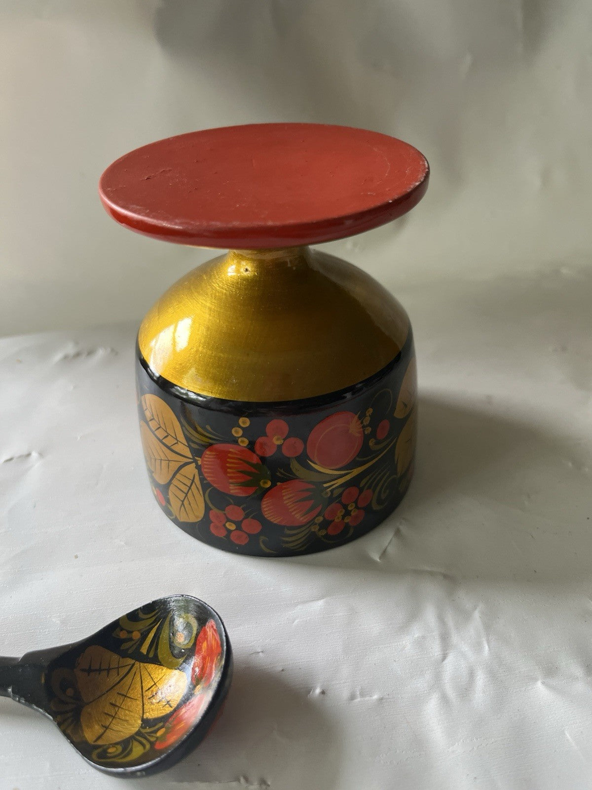 Russian Golden Khokhloma, Wooden Bowl & Spoon Set, Background painting, Folk-Art